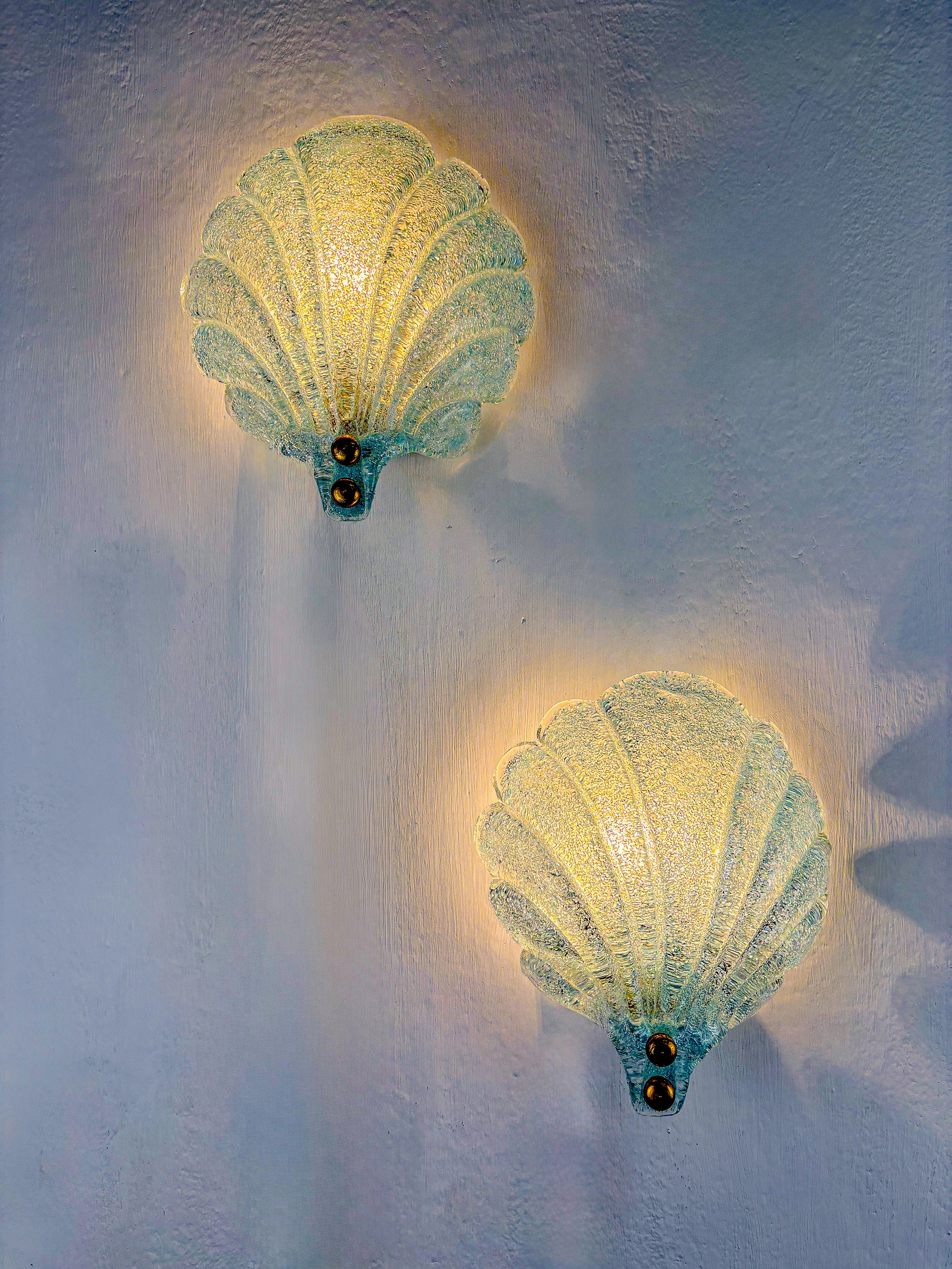 Pair of Shell shaped Frosted blue Murano Glass Wall Sconces, Italy, 1970's