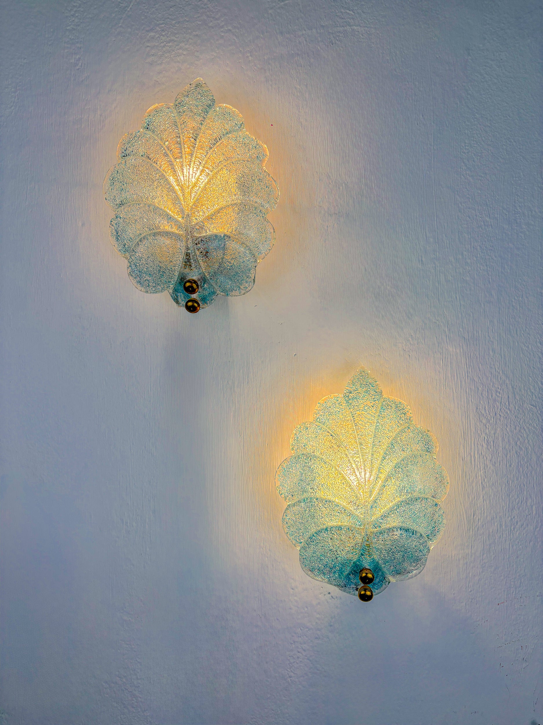 Pair of Barovier & Toso Leaf-Shaped Wall Sconces, Light Blue Murano Glass, Italy, 1960's