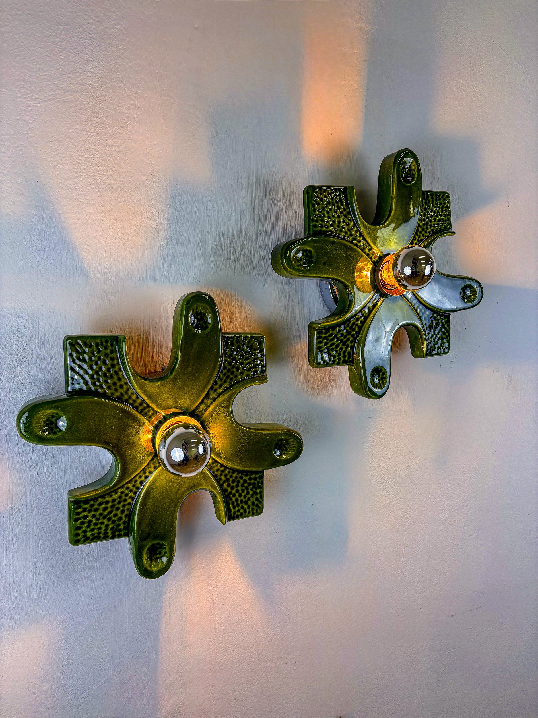 Pair of puzzle sconces by hustadt leuchten, Green ceramics, germany, 1960's