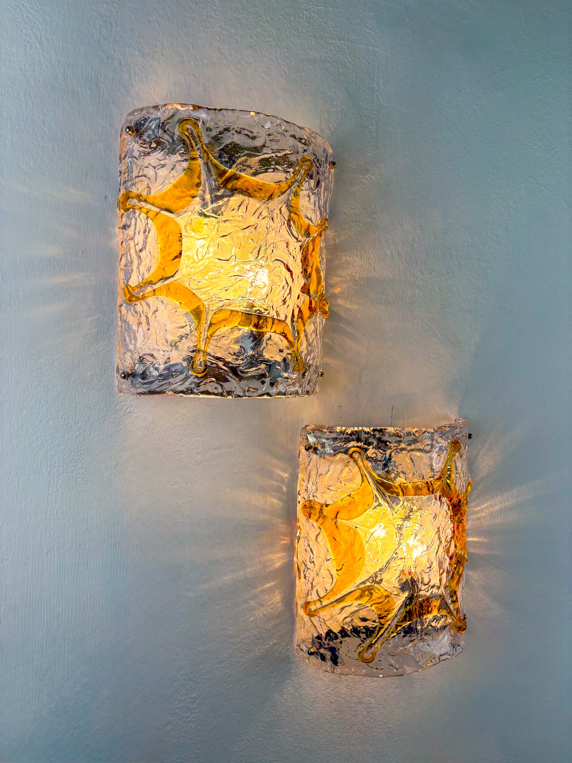 Pair of Mazzega Murano Wall Lights, Orange Frosted Textured Glass, Italy, 1970s
