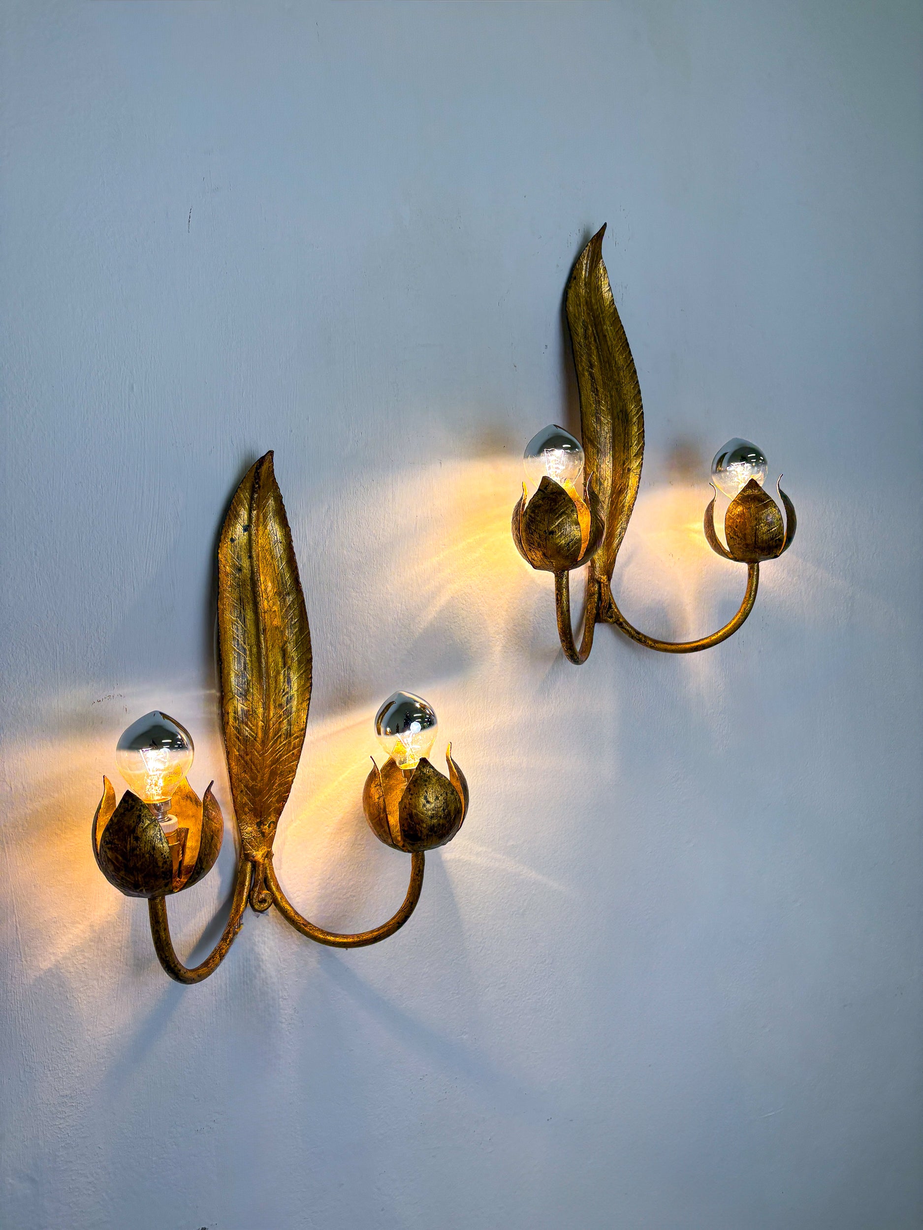 Pair of Spanish Foliage Wall Sconces, Leaf Arms & Bud Shades, Gilt Iron, 1960s