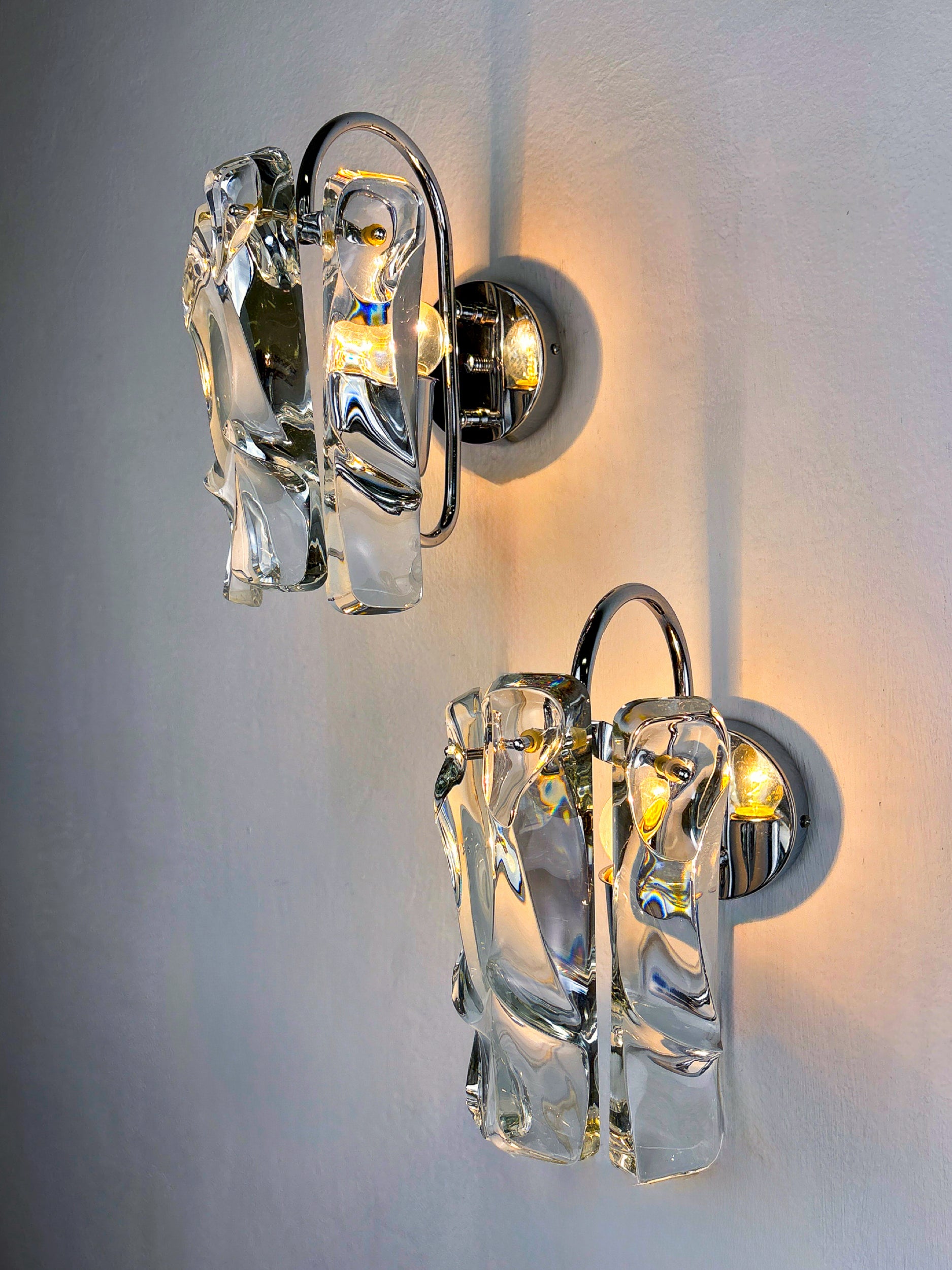 Pair of JT Kalmar frozen Wall Sconces , Murano glass, Austria, 1970s
