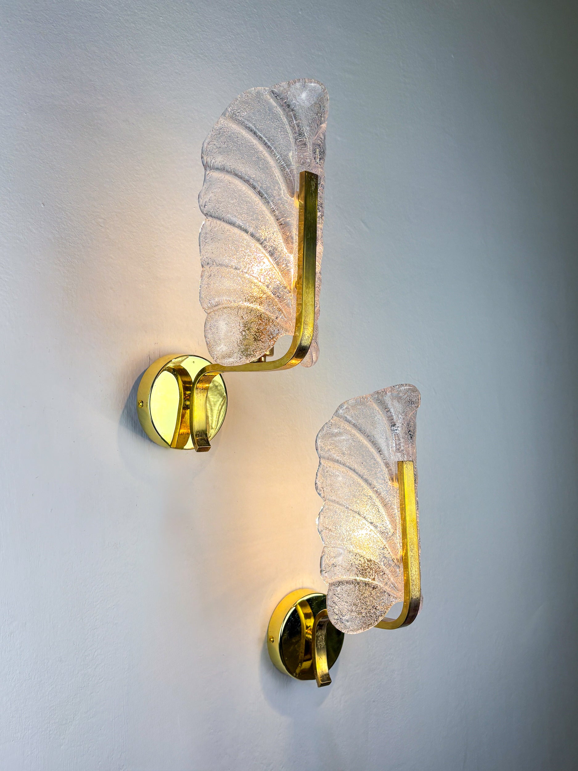 Pair of Murano Frosted Leaf Sconces, Textured Glass & Gilt Brass, Italy, Circa's 1970