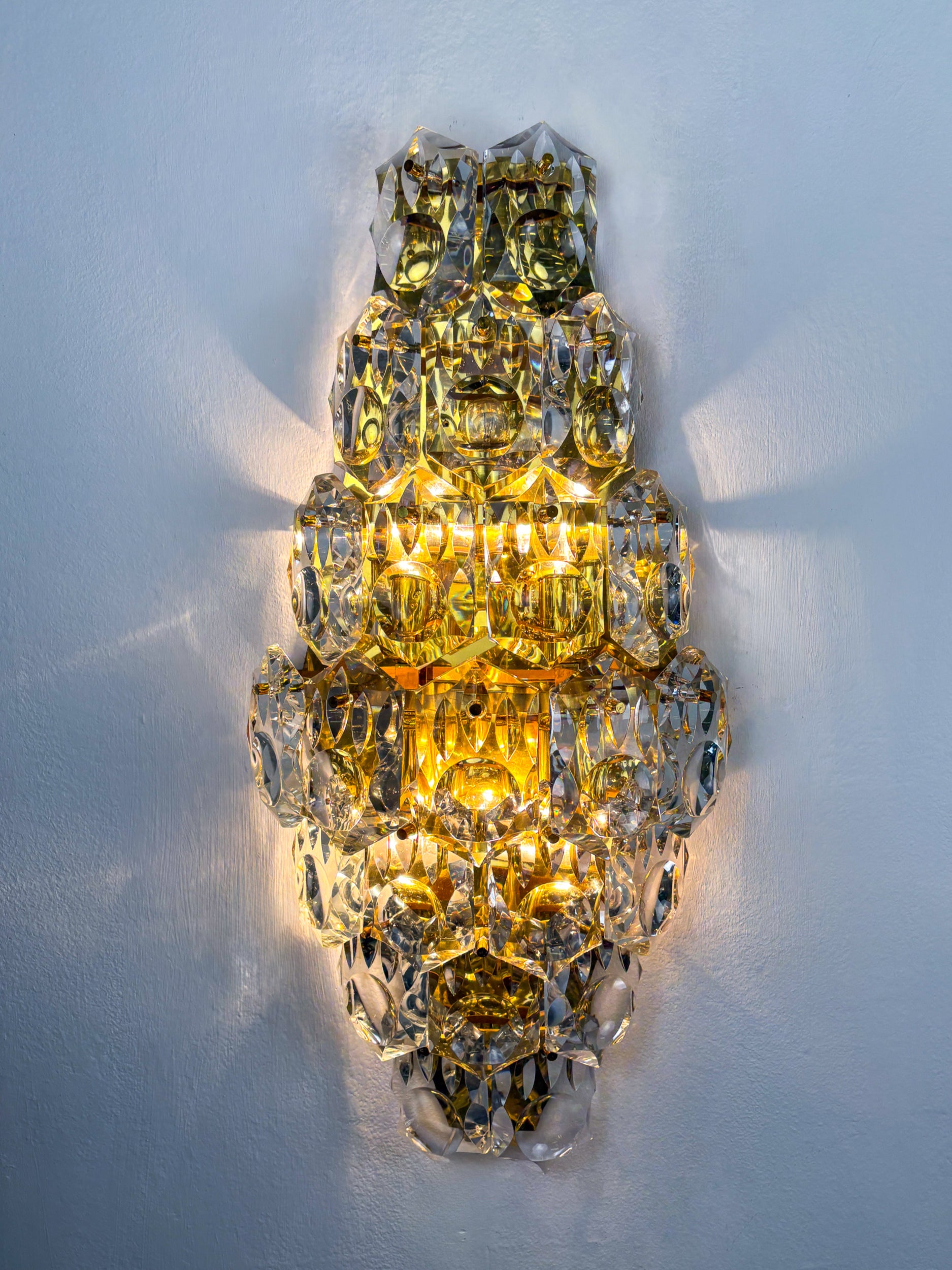 Kinkeldey XL 7-Tier Cut Crystal Wall Sconce, Gilt Brass, Germany, 1970s