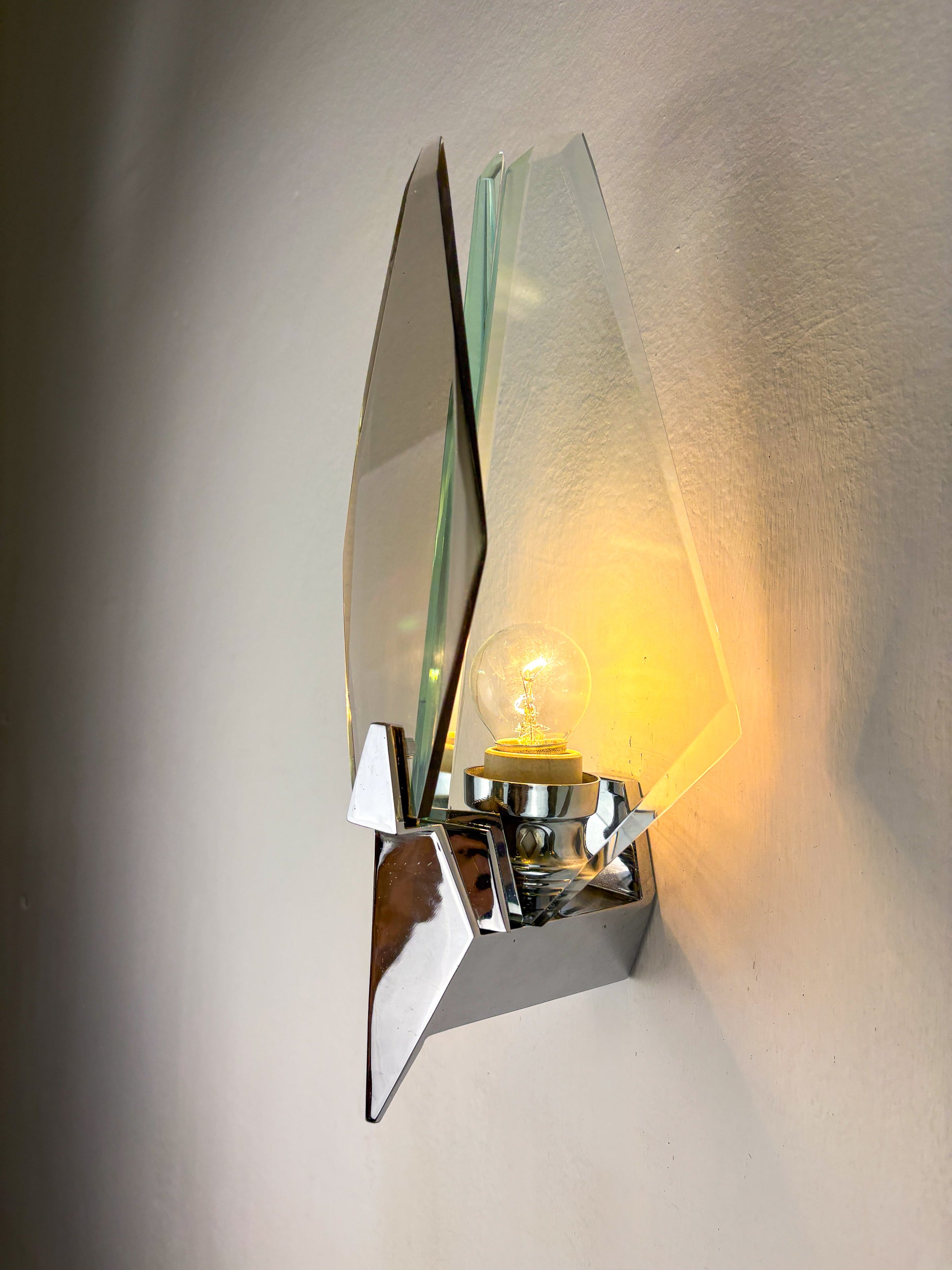Veca sconce, murano blue cut glass & black lucite, Italy, Circa 1970's