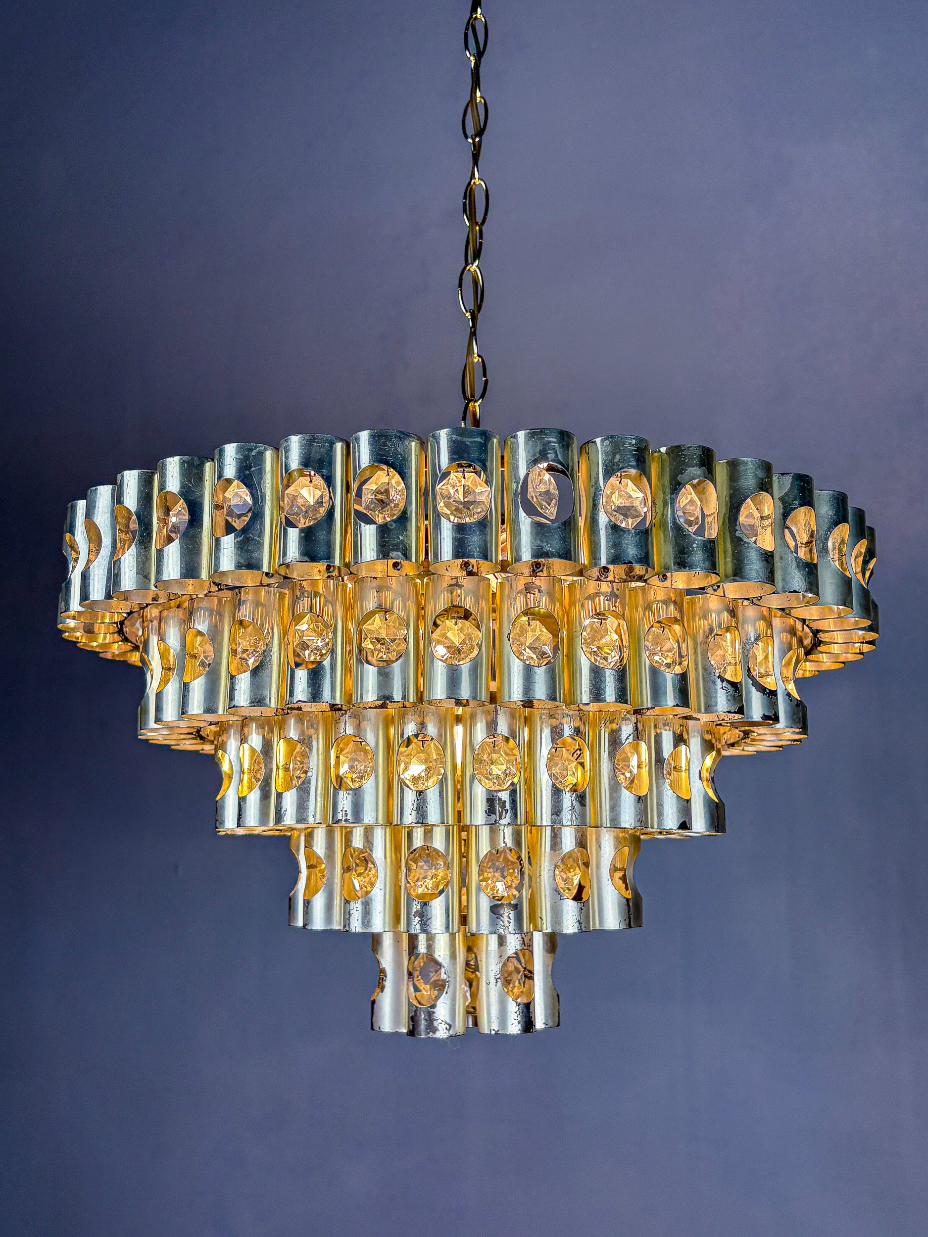 Gaetano Sciolari 5-Tier chandelier, brass & crystal, Italy, 1970s