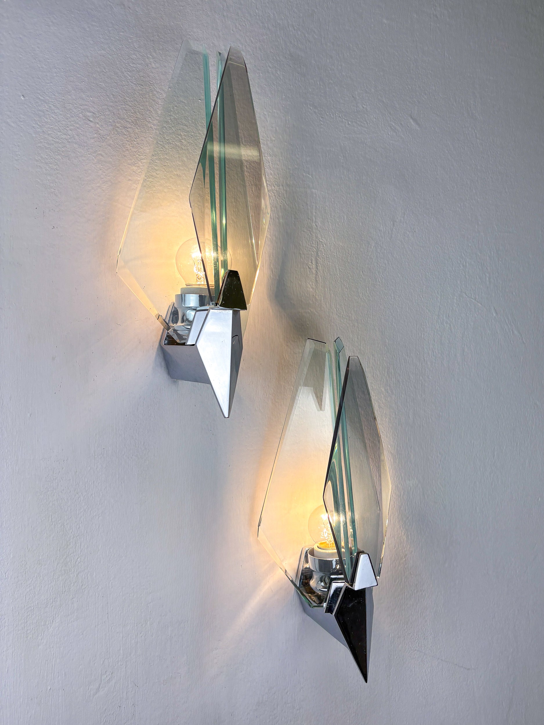 Pair of Veca sconces, murano blue cut glass & black lucite, Italy, Circa 1970's