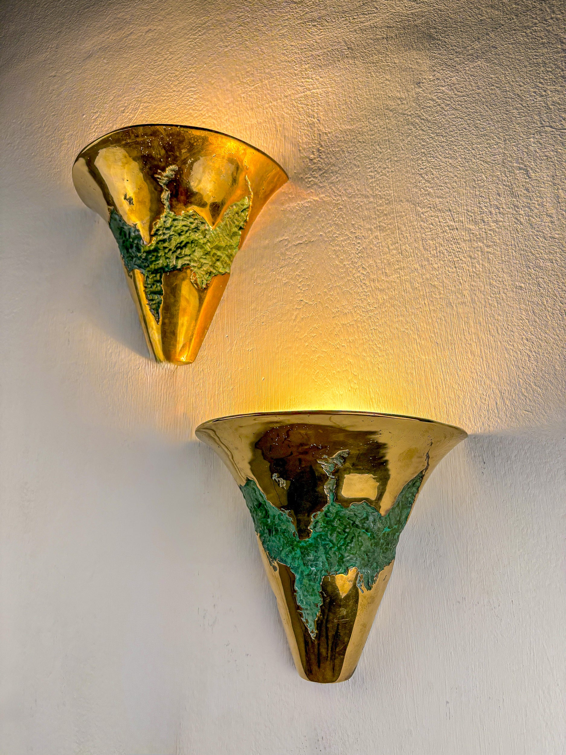 Pair of Italo Valenti brutalist wall sconces in bronze, Spain, 1970's