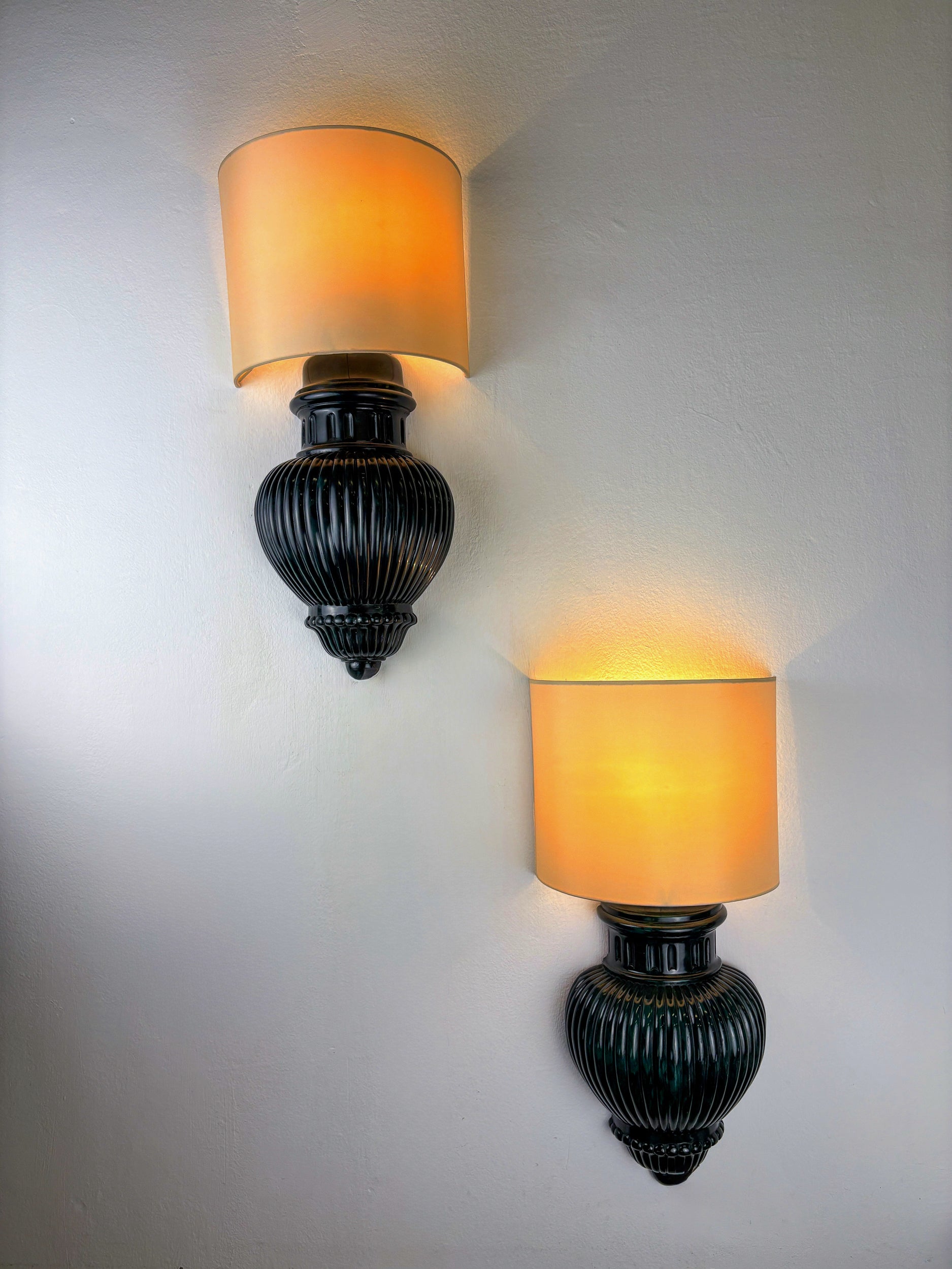 Pair of Art Deco Wall Lights with Shades in Glazed Cast Ceramic, Italy, 1970s