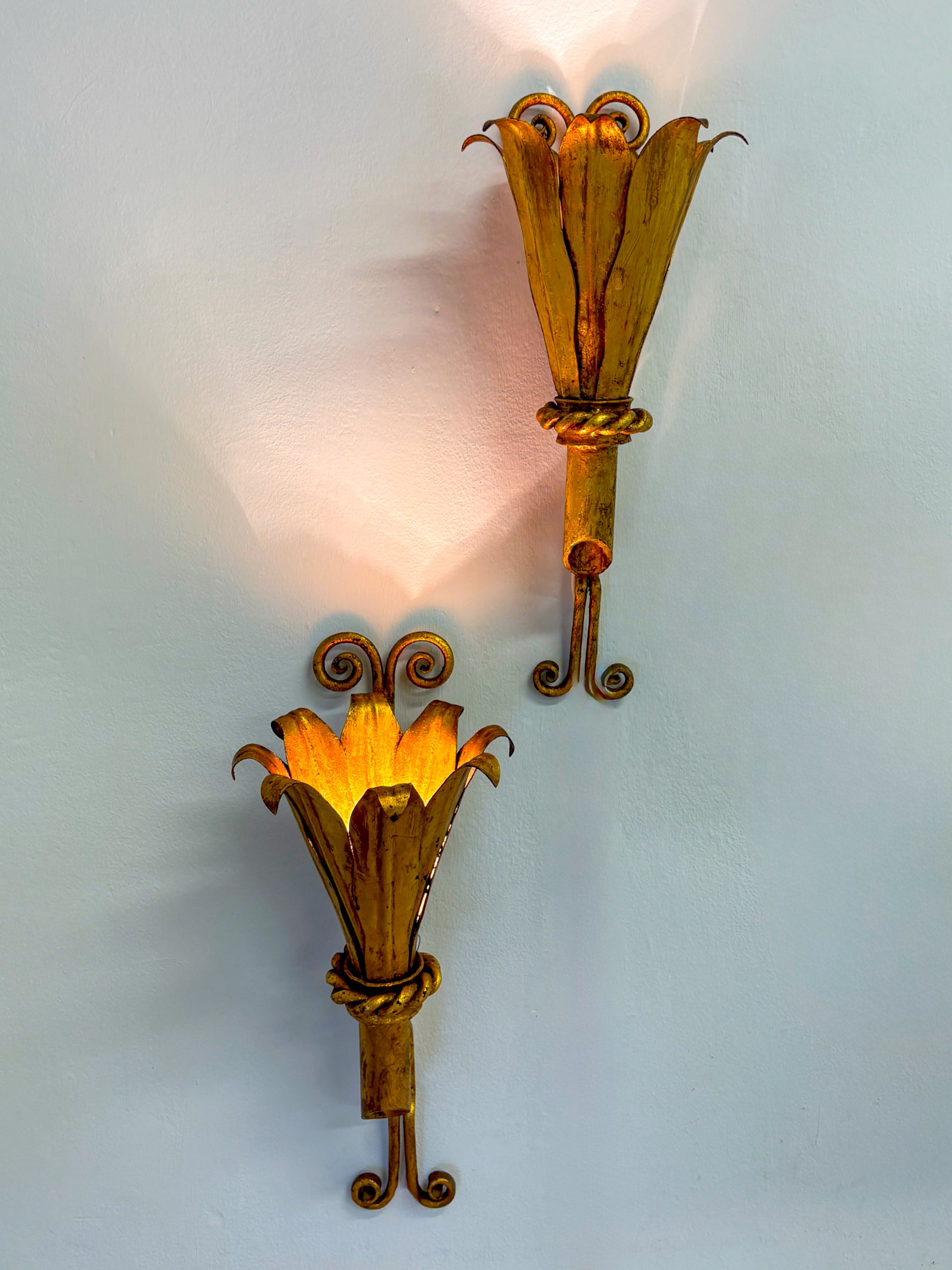 Pair of XL Gilt Metal Tulip Wall Sconces, France, 1960s