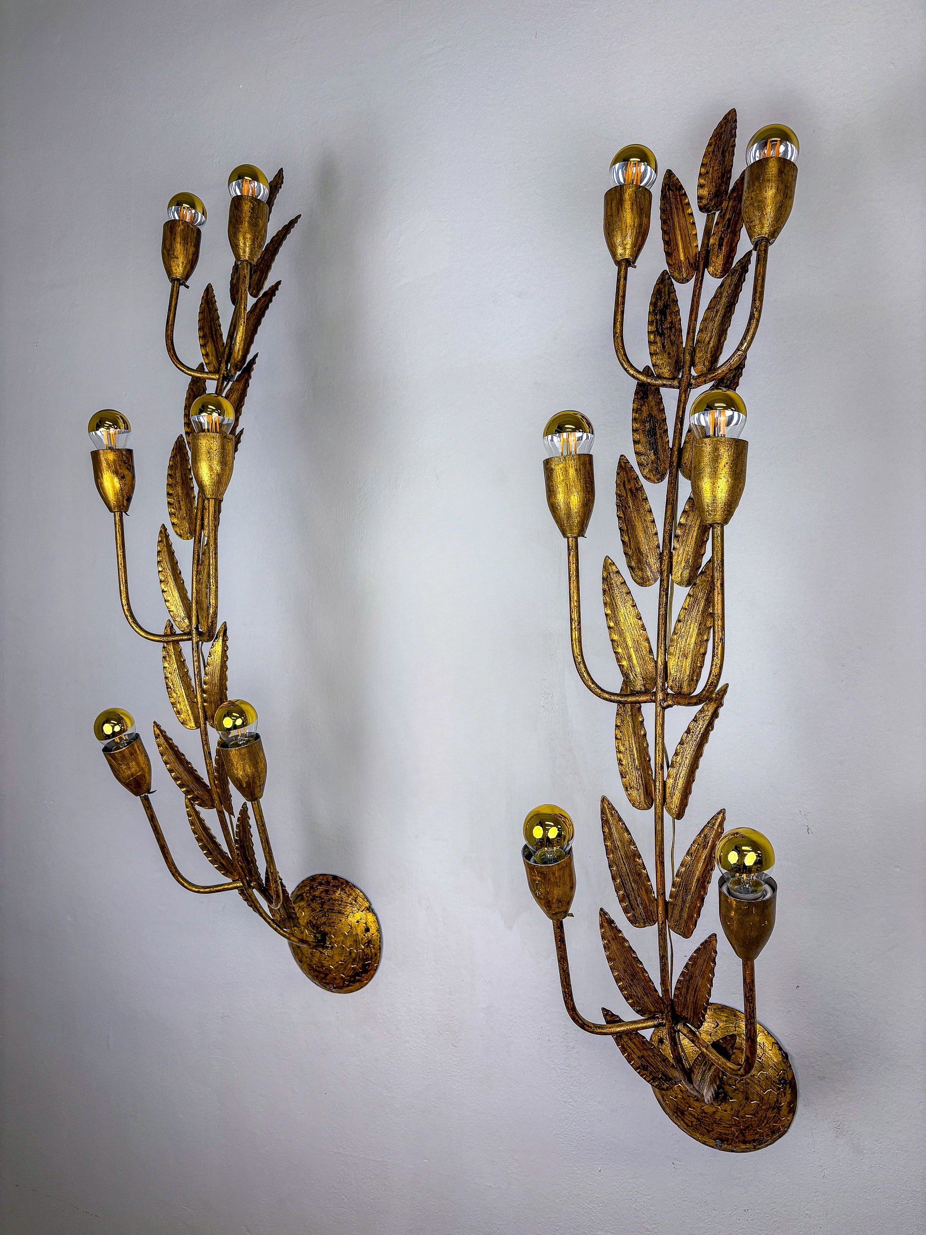 Pair of gilded Floral Wall Lights by Ferro Arte, XL size, Spain, 1960s