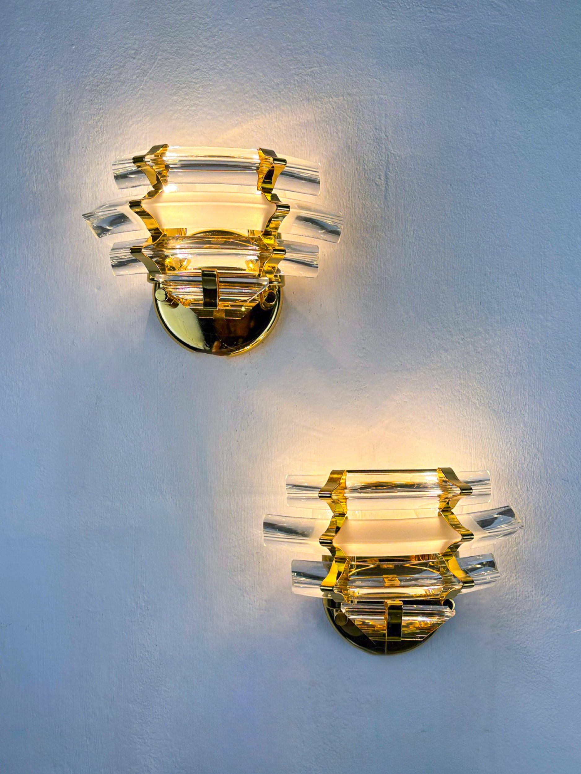 Pair of Venini Triedi Curved Cut Glass Sconces, Italy, circa 1970s