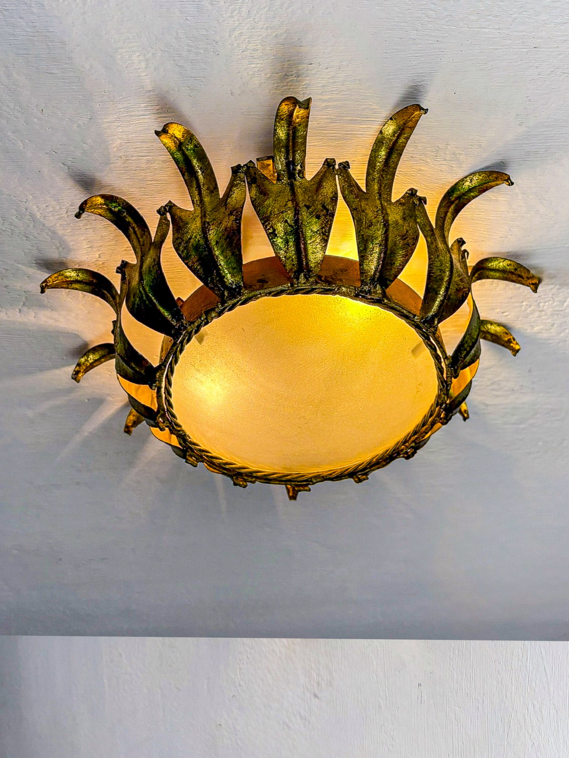 Spanish Crown Sunburst fixture in Gilt Metal and frost Glass, 1950's