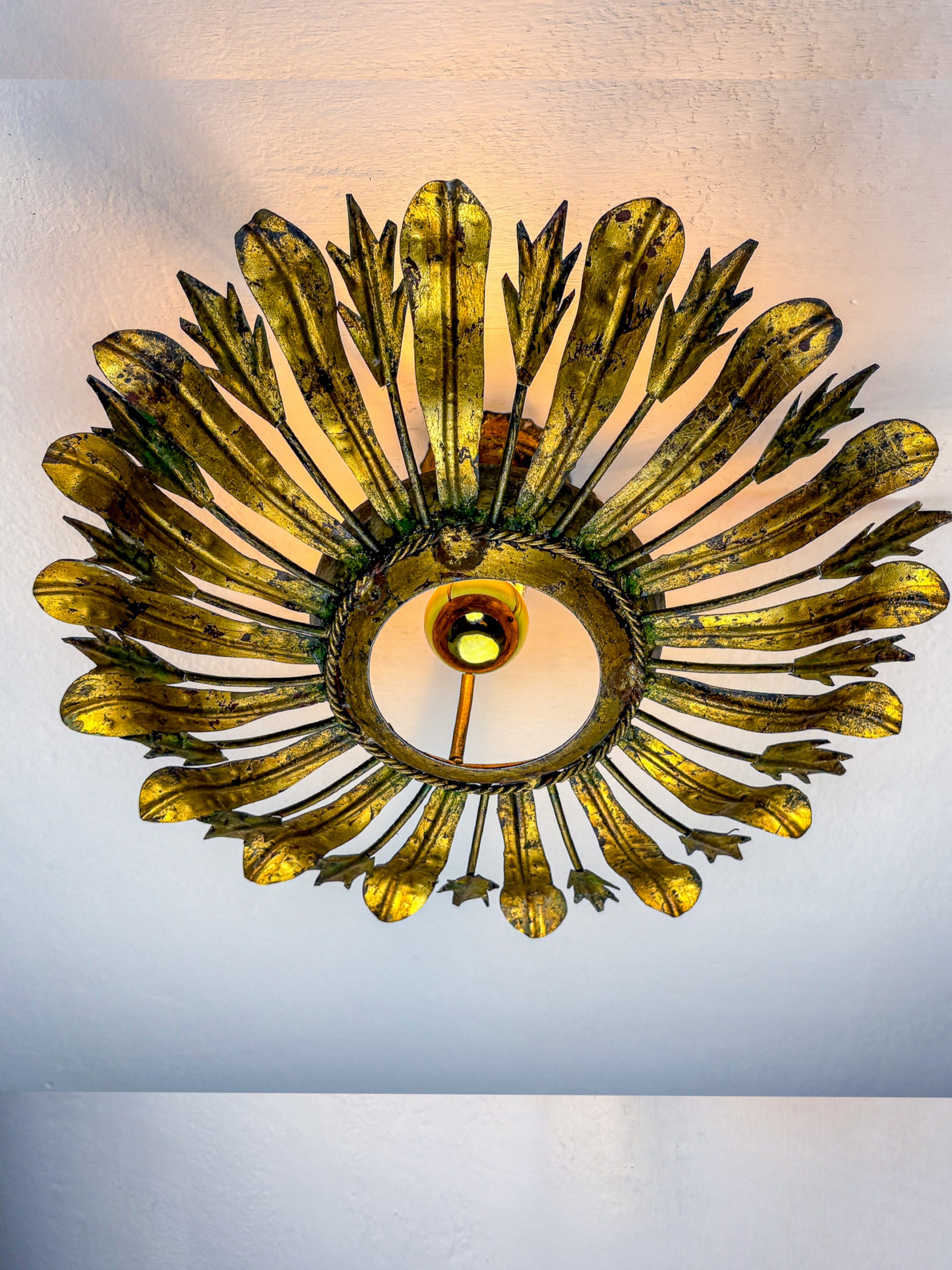 Midcentury Sunburst Floral Flush Mount Light Fixture, Gilt Iron, Italy, 1940's