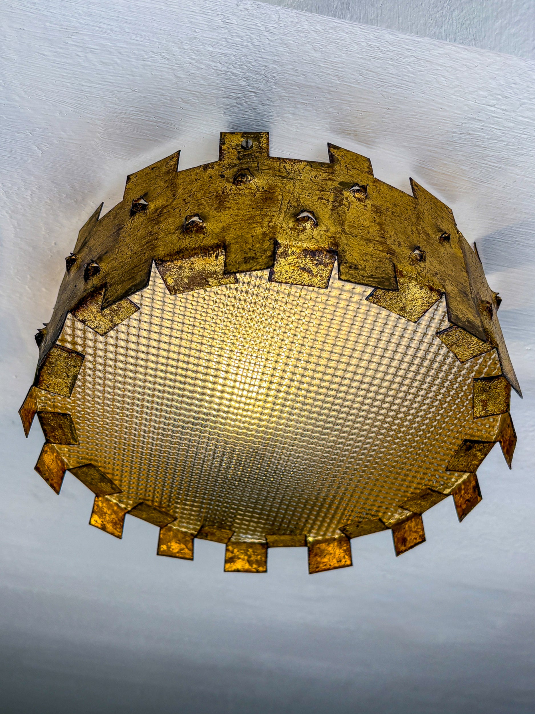 Brutalist Crown Sunburst fixture in Gilt Metal and frost Glass, France, 1960's