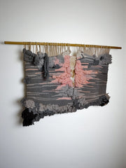 Textured macrame wall hanging, grey & pink wool, Spain, 1970s