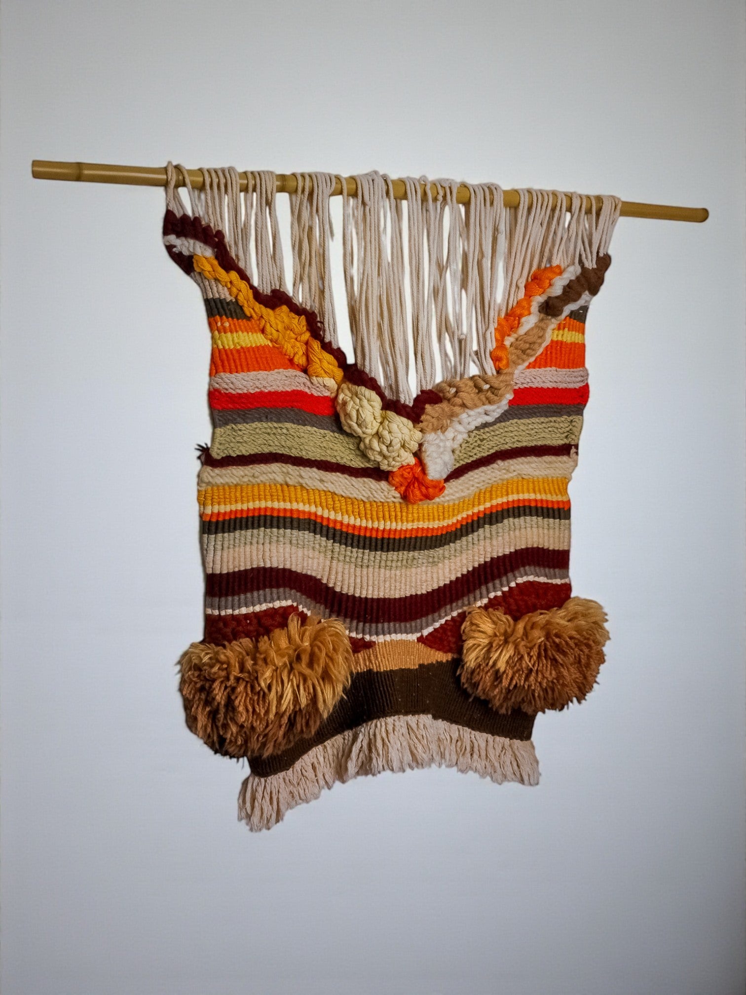 Textured macrame wall hanging, brown & orange wool, Spain, 1970s