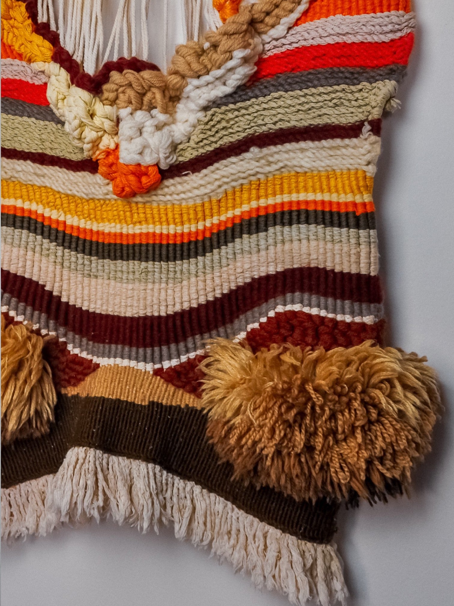 Textured macrame wall hanging, brown & orange wool, Spain, 1970s