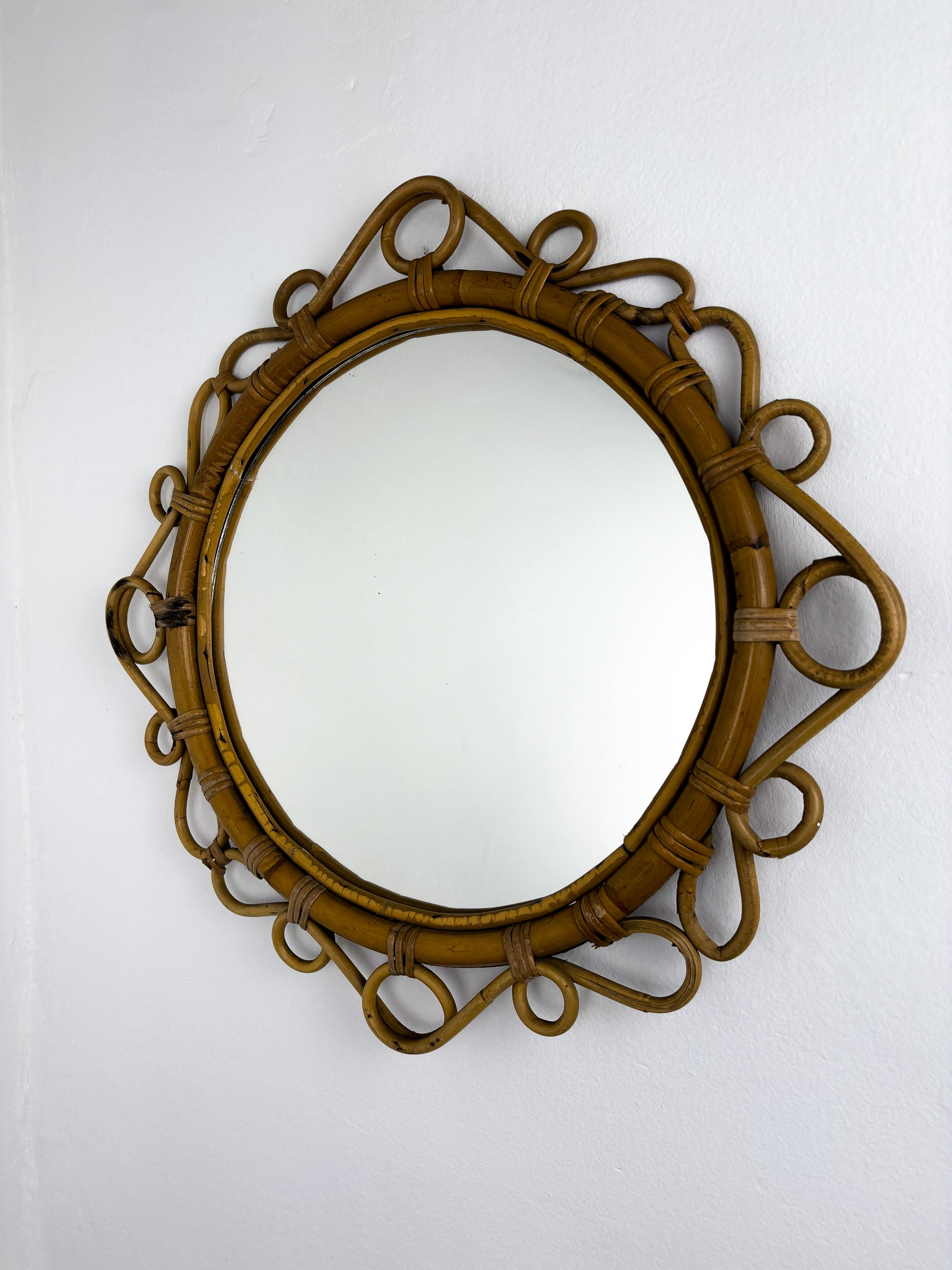 Spanish Rattan Bamboo Oval Mirror, Circa 1960s