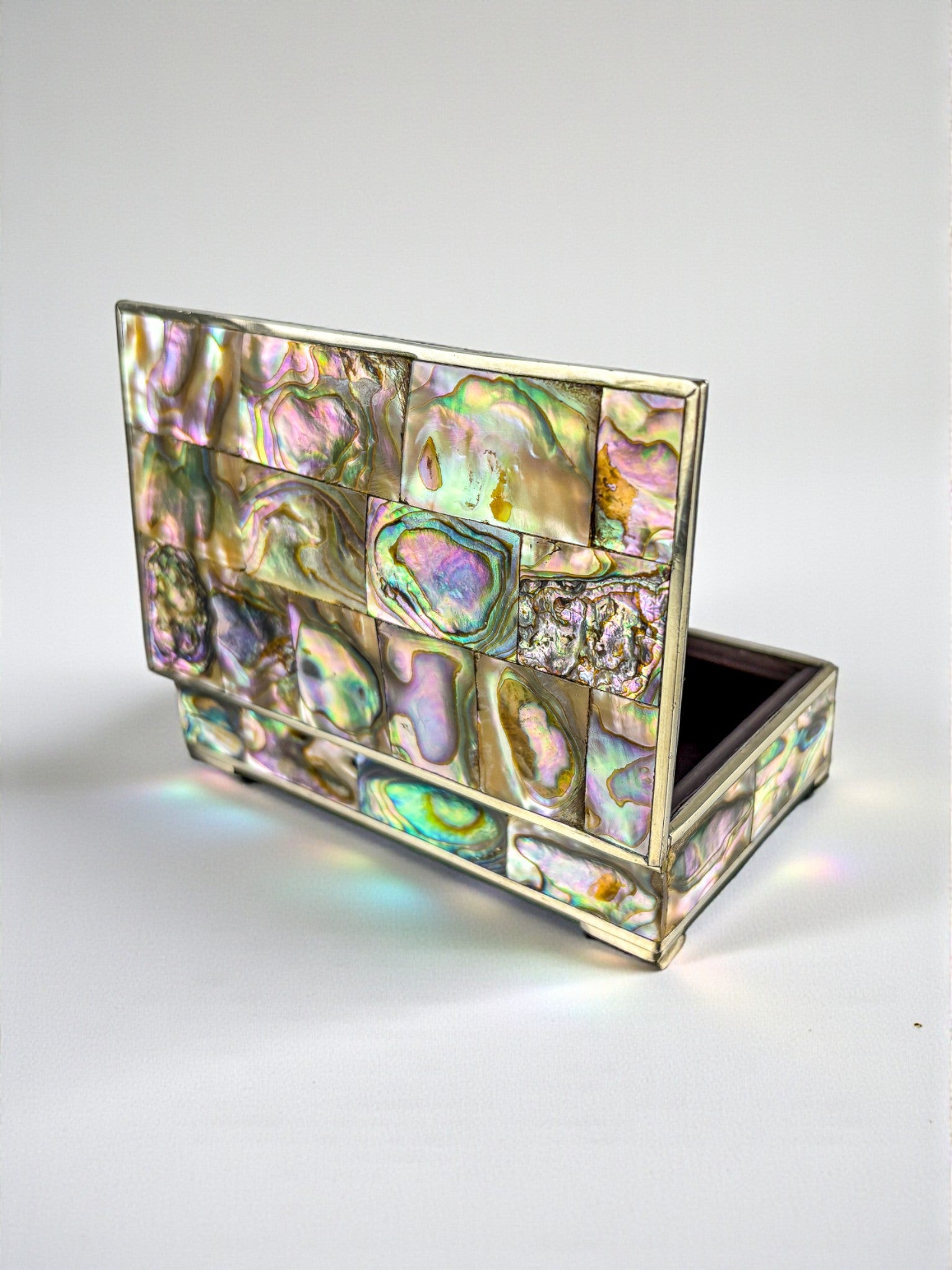 Abalone shell vanity box, Alpaca and wood, Mexico, Circa 1960's