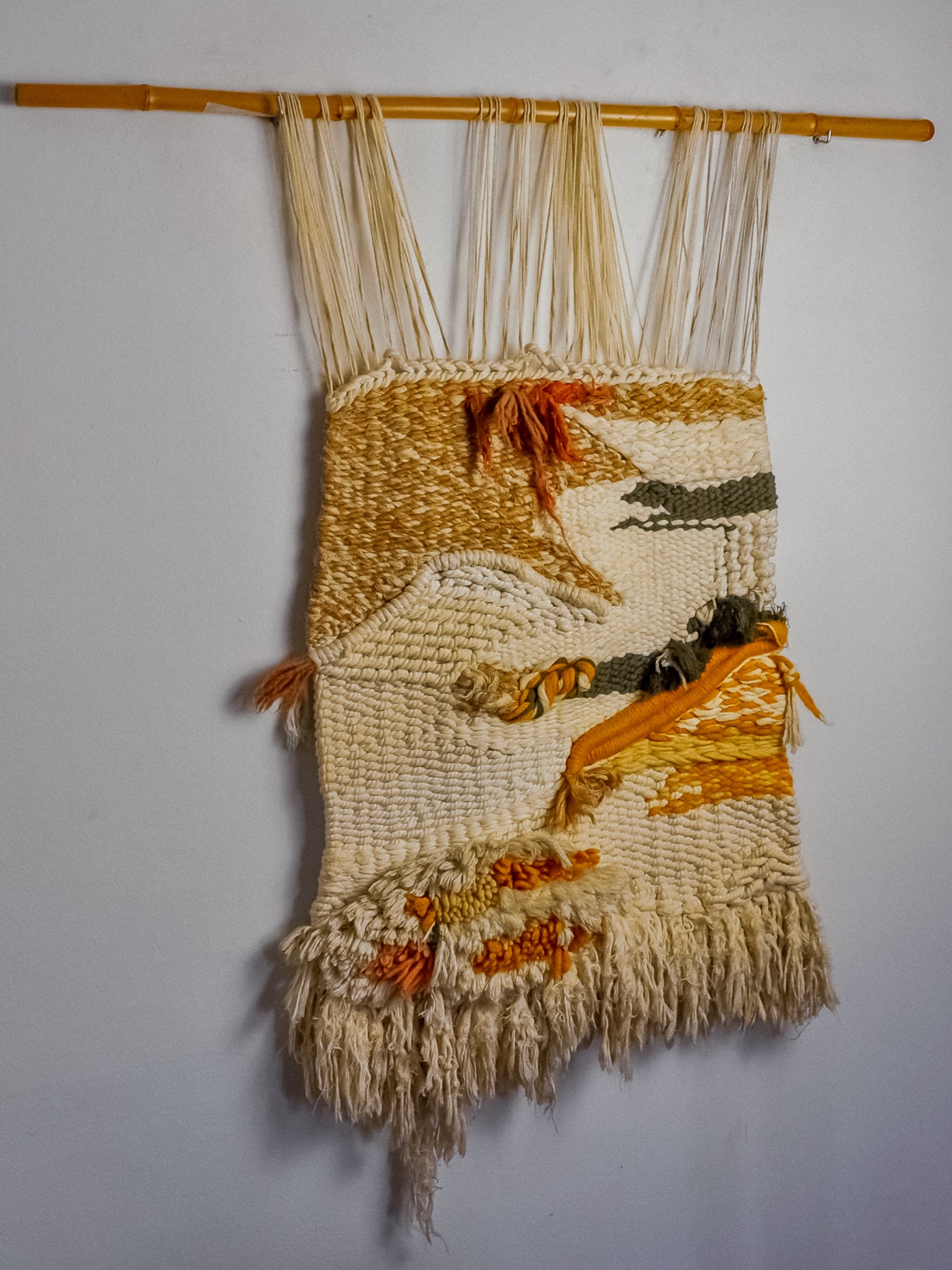 Textured macrame wall hanging, brown & orange wool, Spain, Circa 1970