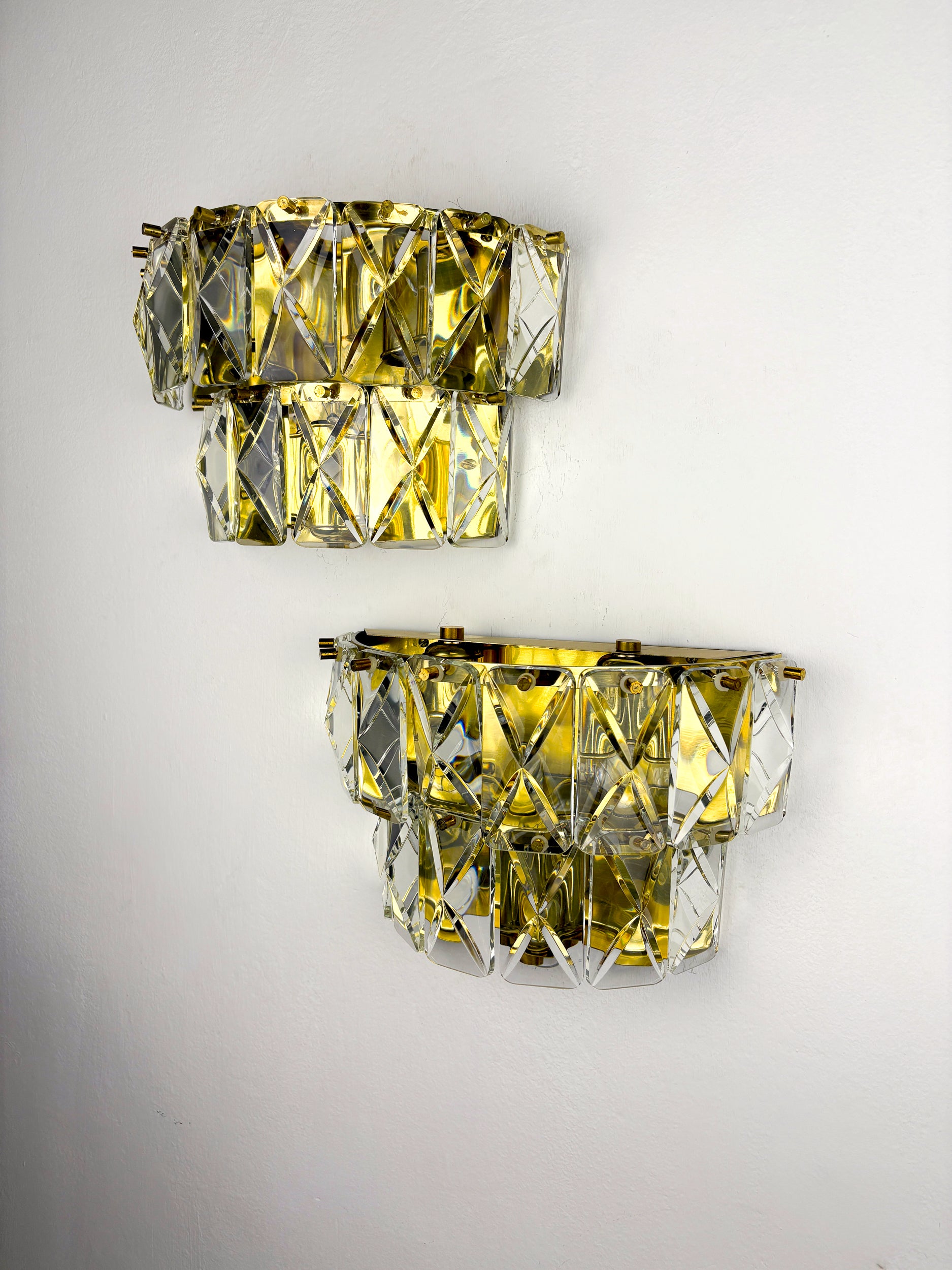 Pair of Kinkeldey 2-Tier Cut Crystal Wall Sconce, Gilt Brass, Germany, 1970s
