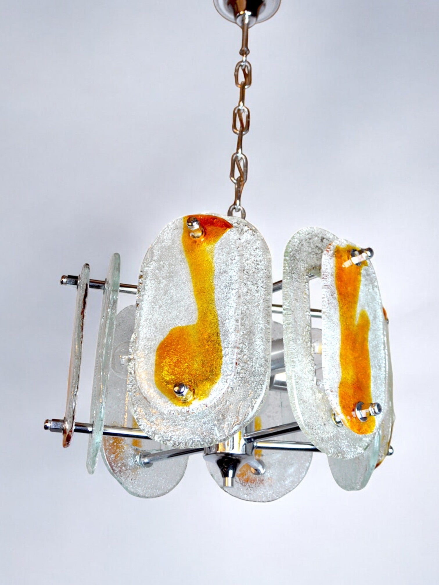 Mazzega murano chandelier, orange frosted glass, italy, 1970