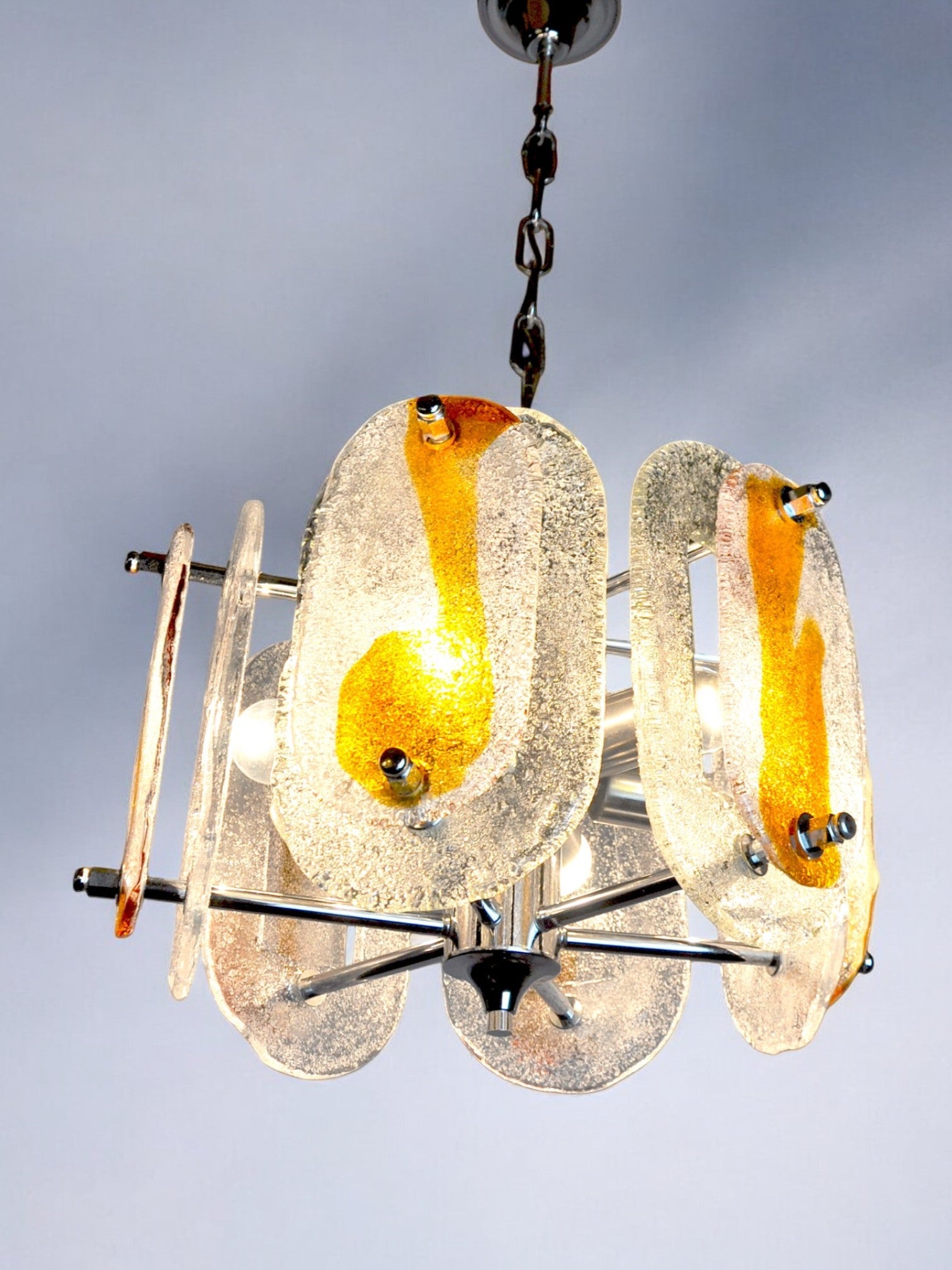 Mazzega murano chandelier, orange frosted glass, italy, 1970
