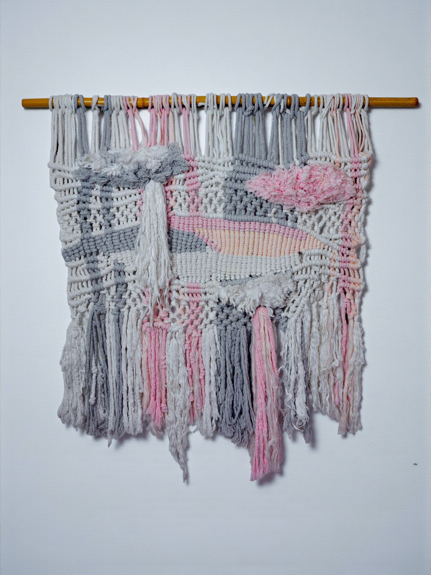 Textured macrame wall hanging, grey & pink wool, Spain, Circa 1970