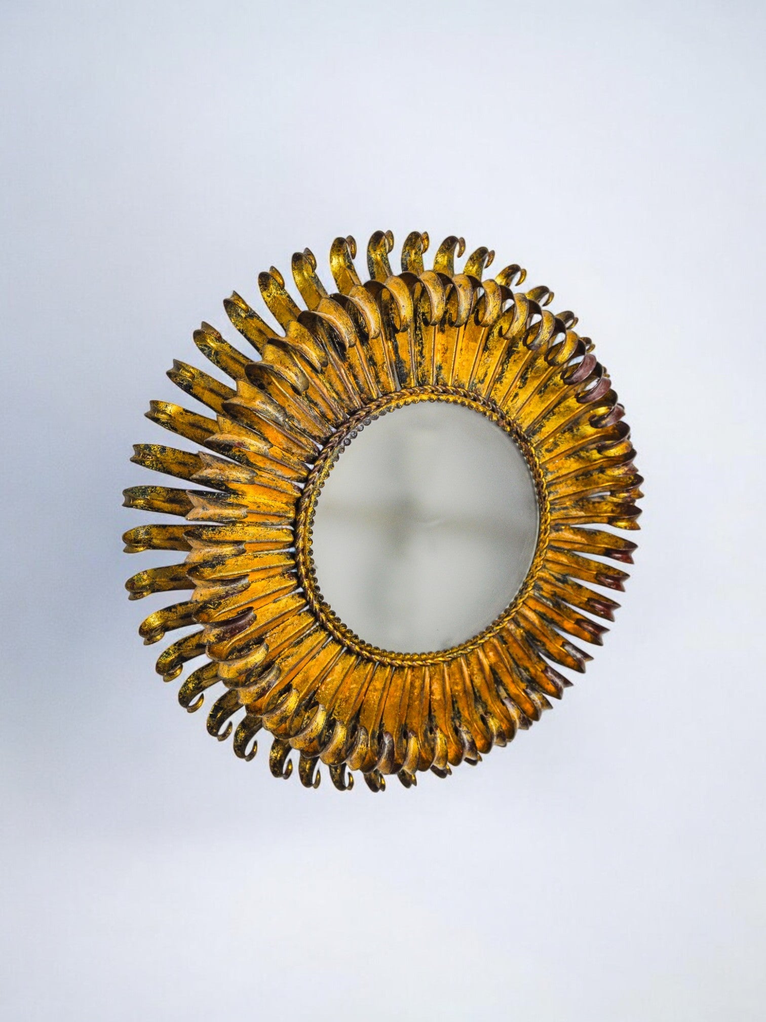 Sun wall lamp by ferro arte, metal and gold leaf, Spain, 1960