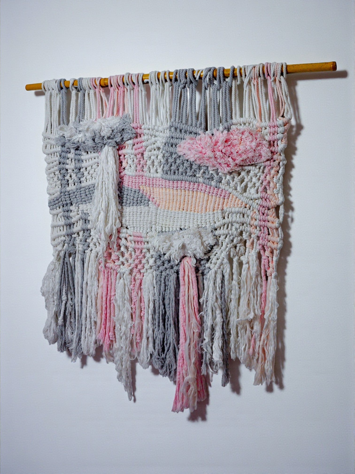 Textured macrame wall hanging, grey & pink wool, Spain, Circa 1970