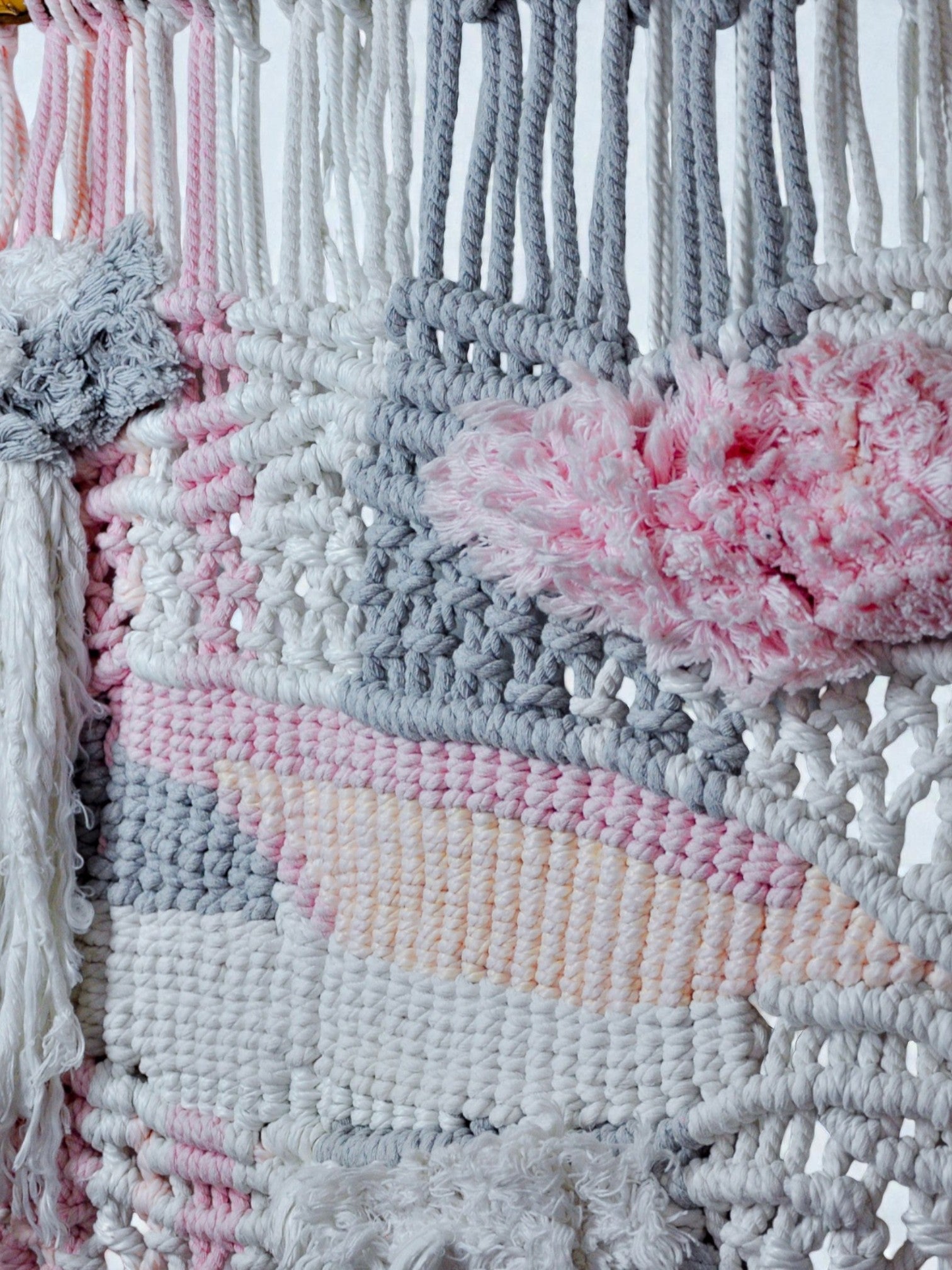 Textured macrame wall hanging, grey & pink wool, Spain, Circa 1970