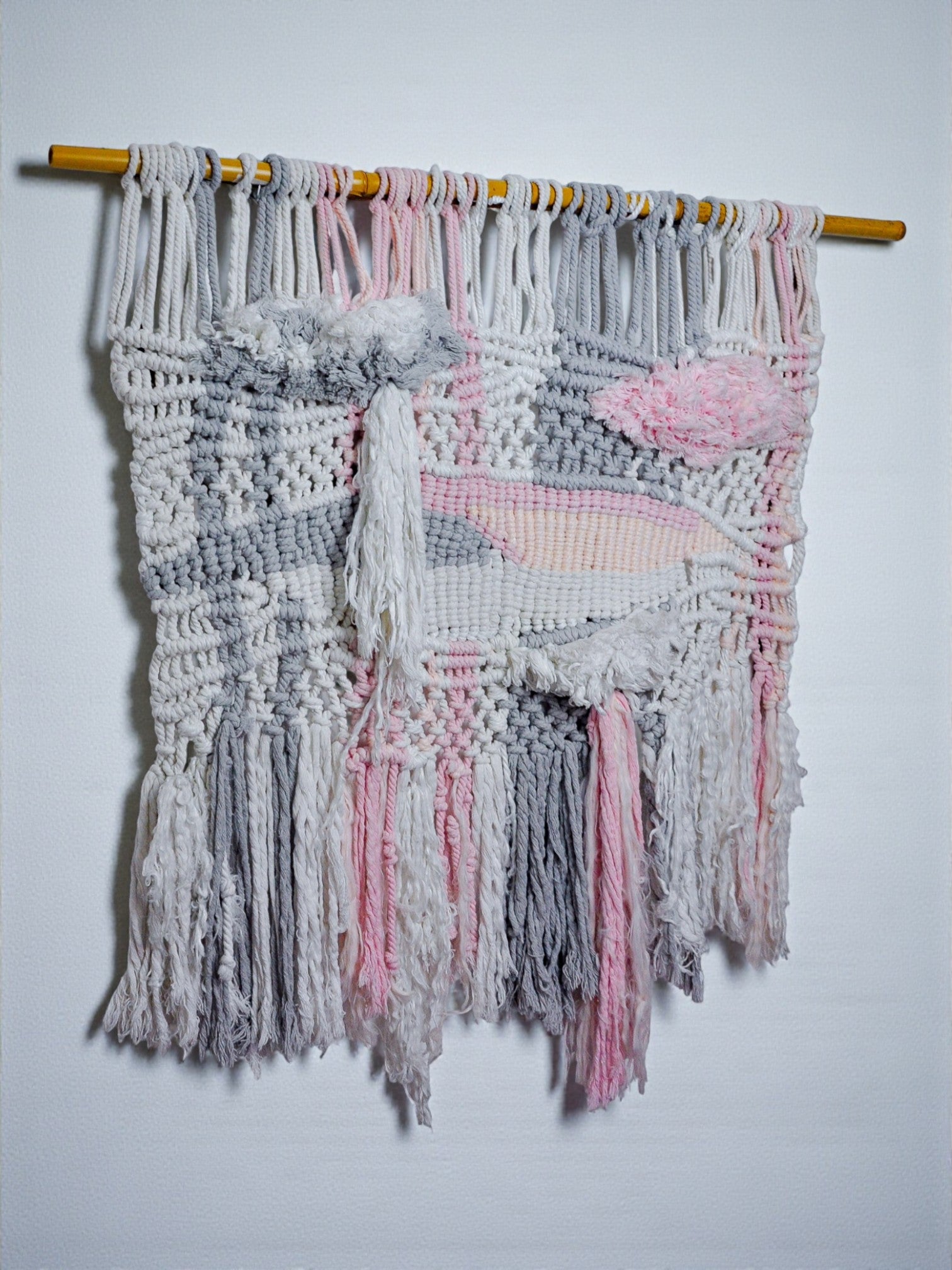 Textured macrame wall hanging, grey & pink wool, Spain, Circa 1970