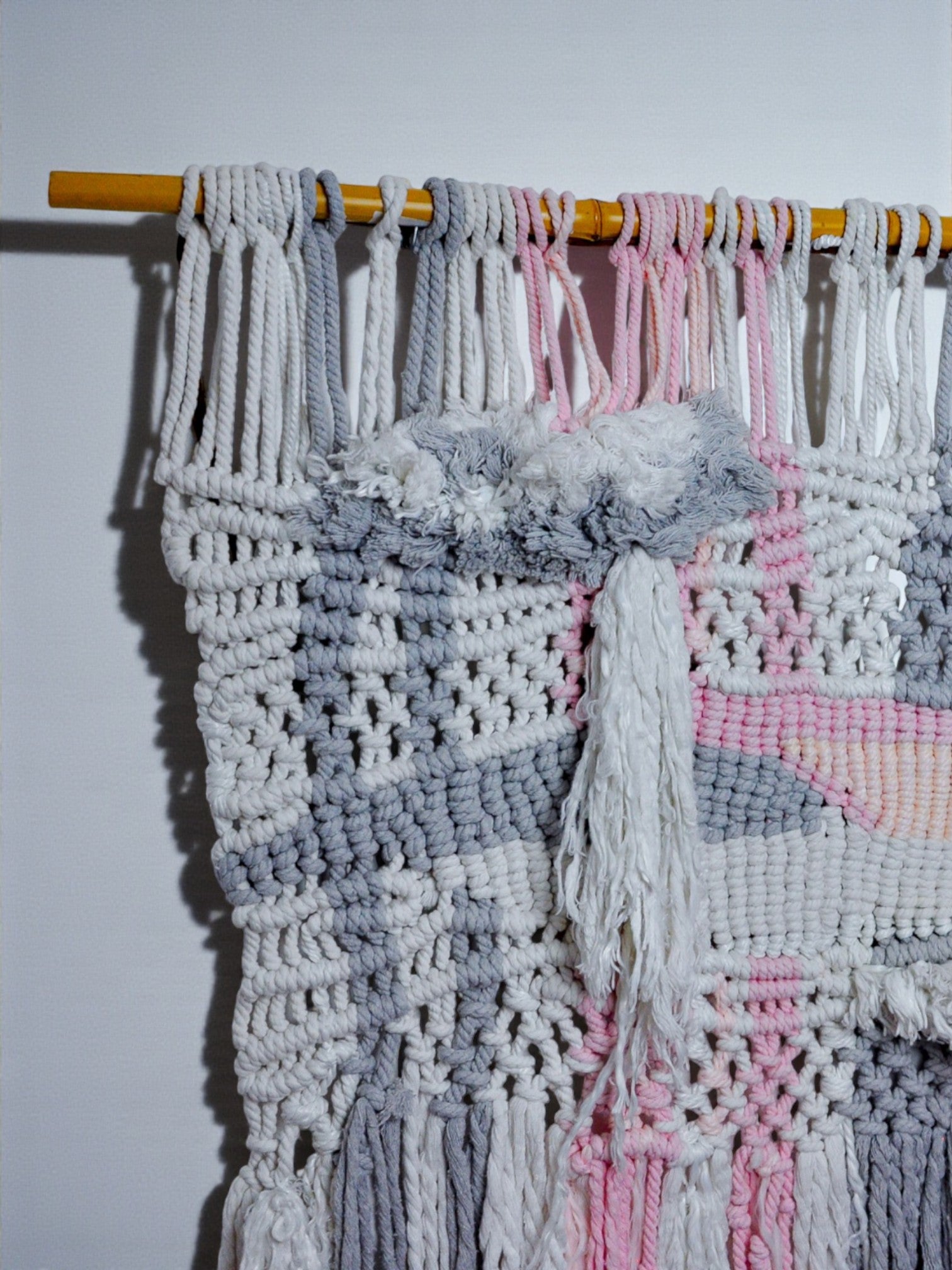 Textured macrame wall hanging, grey & pink wool, Spain, Circa 1970