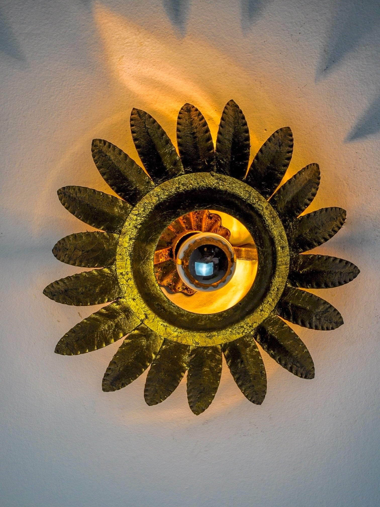 Sunburst Ceiling Light in Gilt Metal and Gold Leaf by Ferro Arte, Spain, 1960