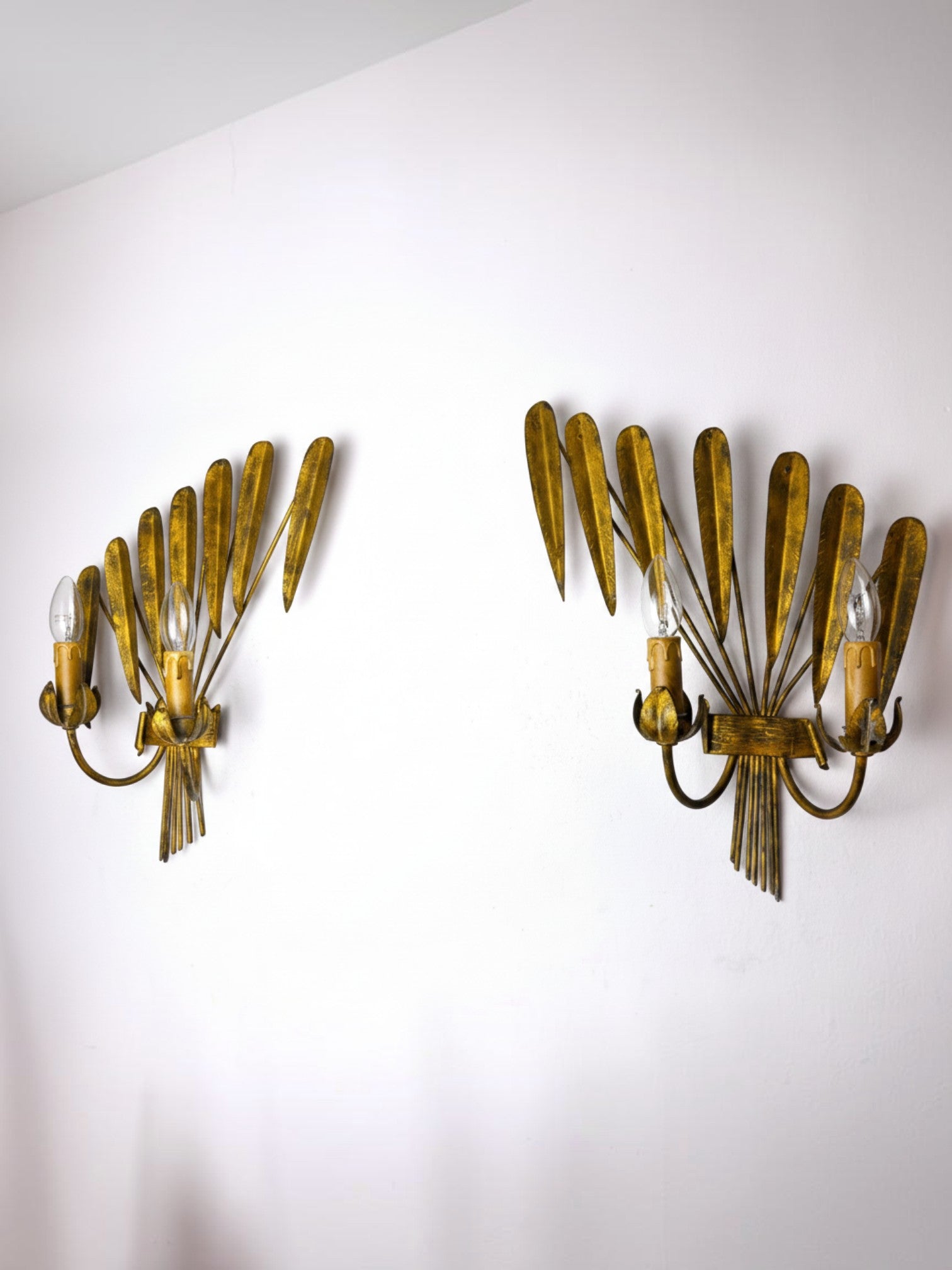 Large Pair of Gilt Metal Floral Wall Sconces, Italy, 1950s