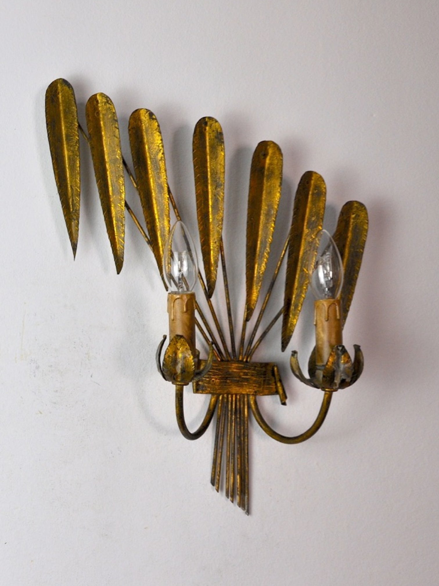 Large Pair of Gilt Metal Floral Wall Sconces, Italy, 1950s