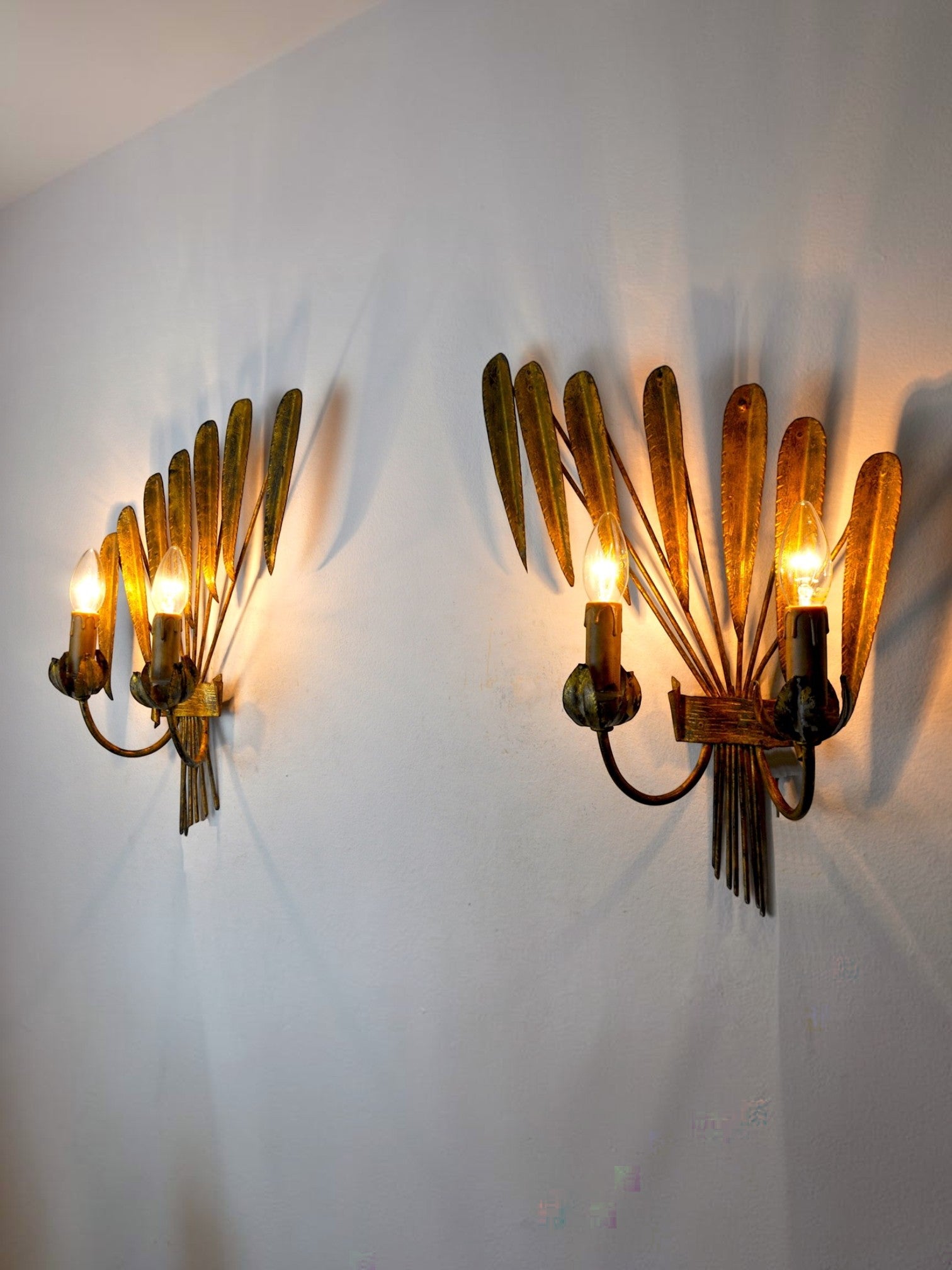 Large Pair of Gilt Metal Floral Wall Sconces, Italy, 1950s