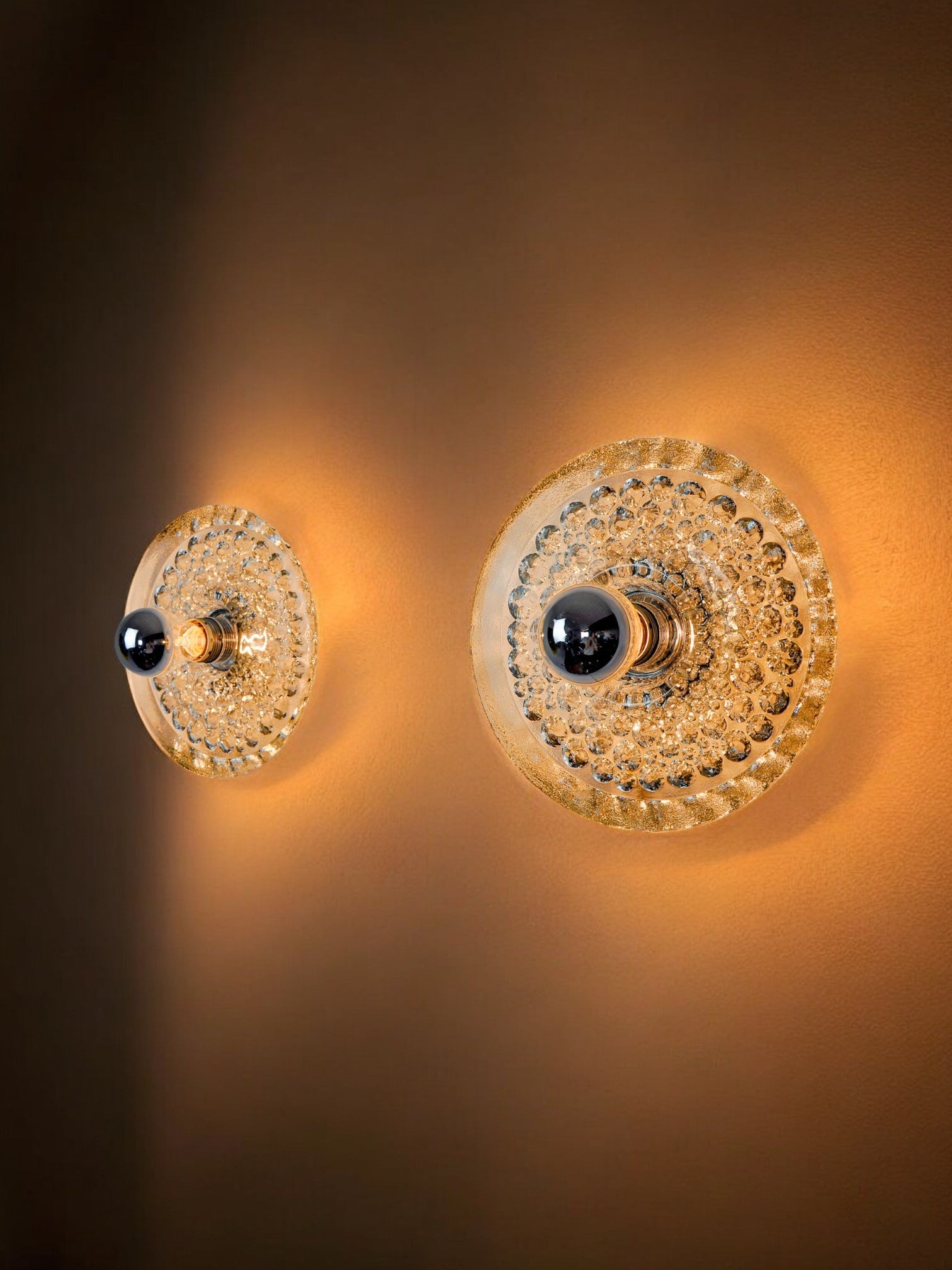 Pair of  circular Peill & Putzler wall lights, blown murano glass, Germany, 1970