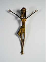 Brutalist Crucifix Wall Sculpture – Gilded brass, Elongated Figure, 1970s
