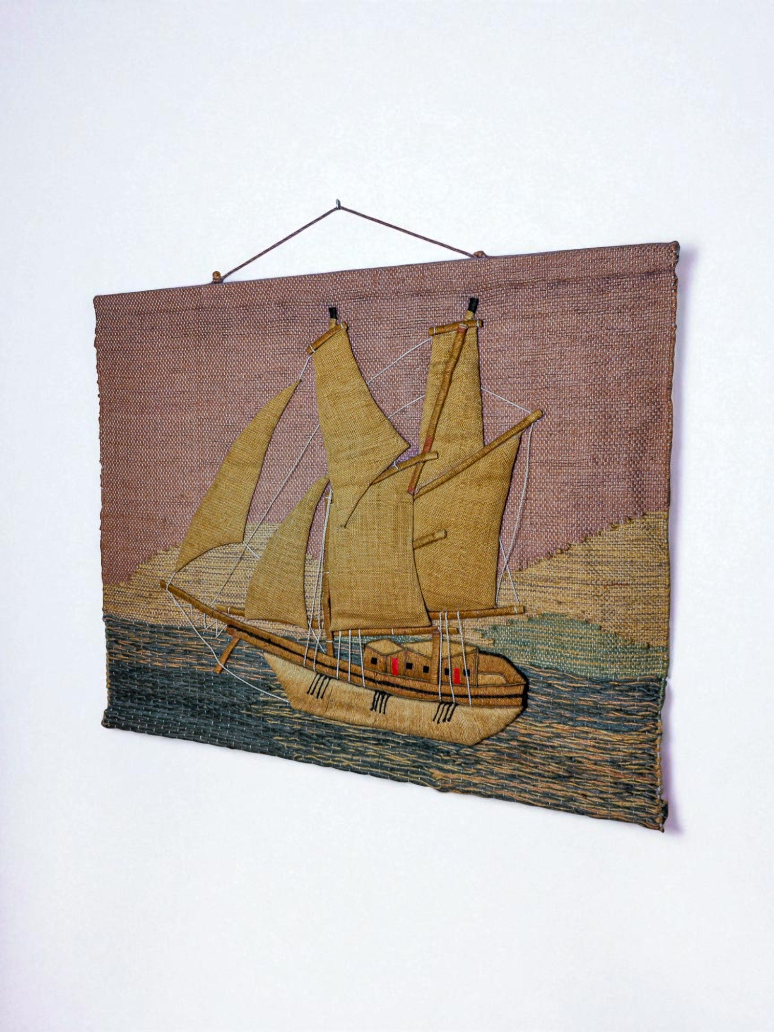 Spanish 1970s Folk Art Wool Tapestry – Sailing Dhow at Sunset