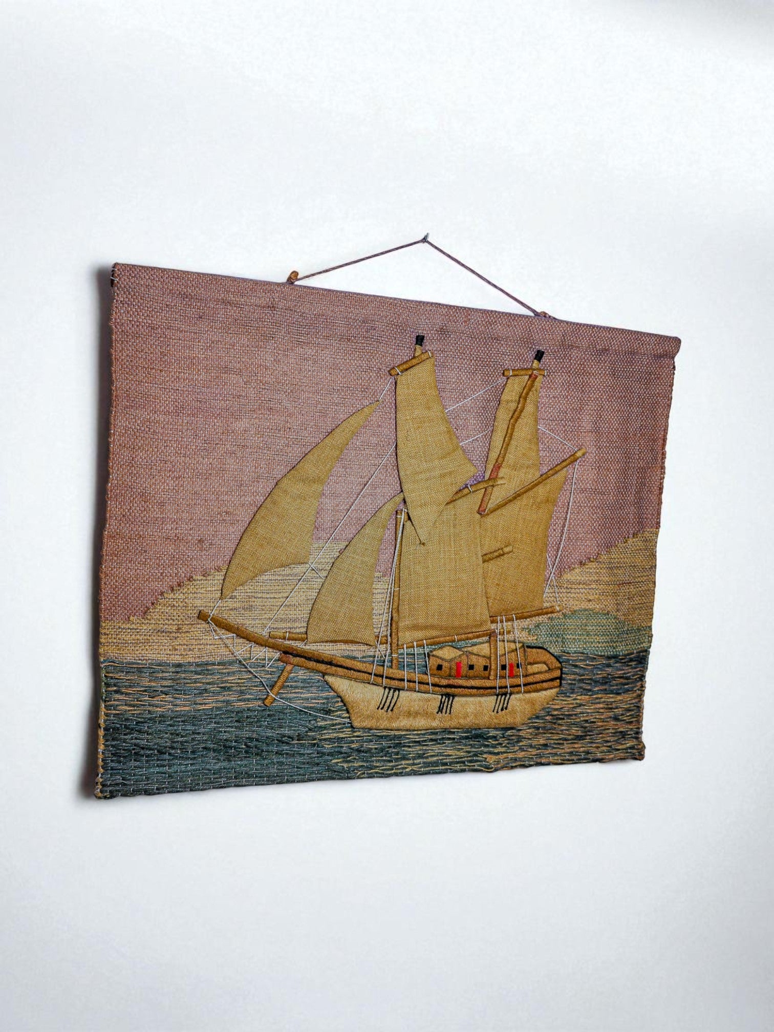 Spanish 1970s Folk Art Wool Tapestry – Sailing Dhow at Sunset
