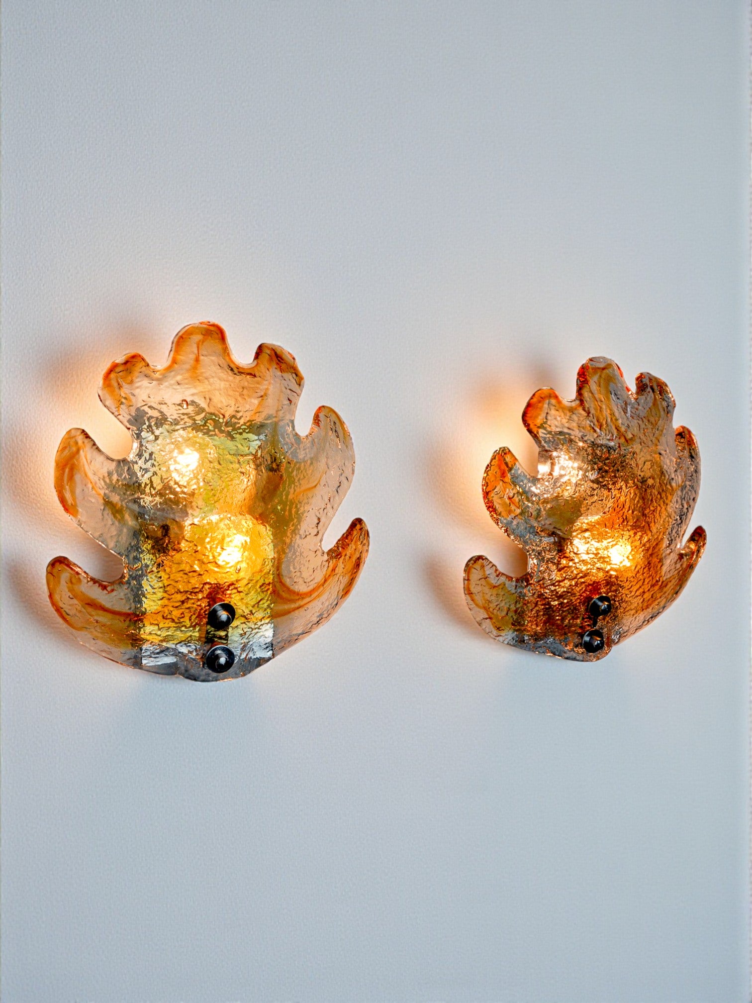 Pair of xl "leaf" wall lights by Murano Mazzega in orange frosted glass Italy 1970