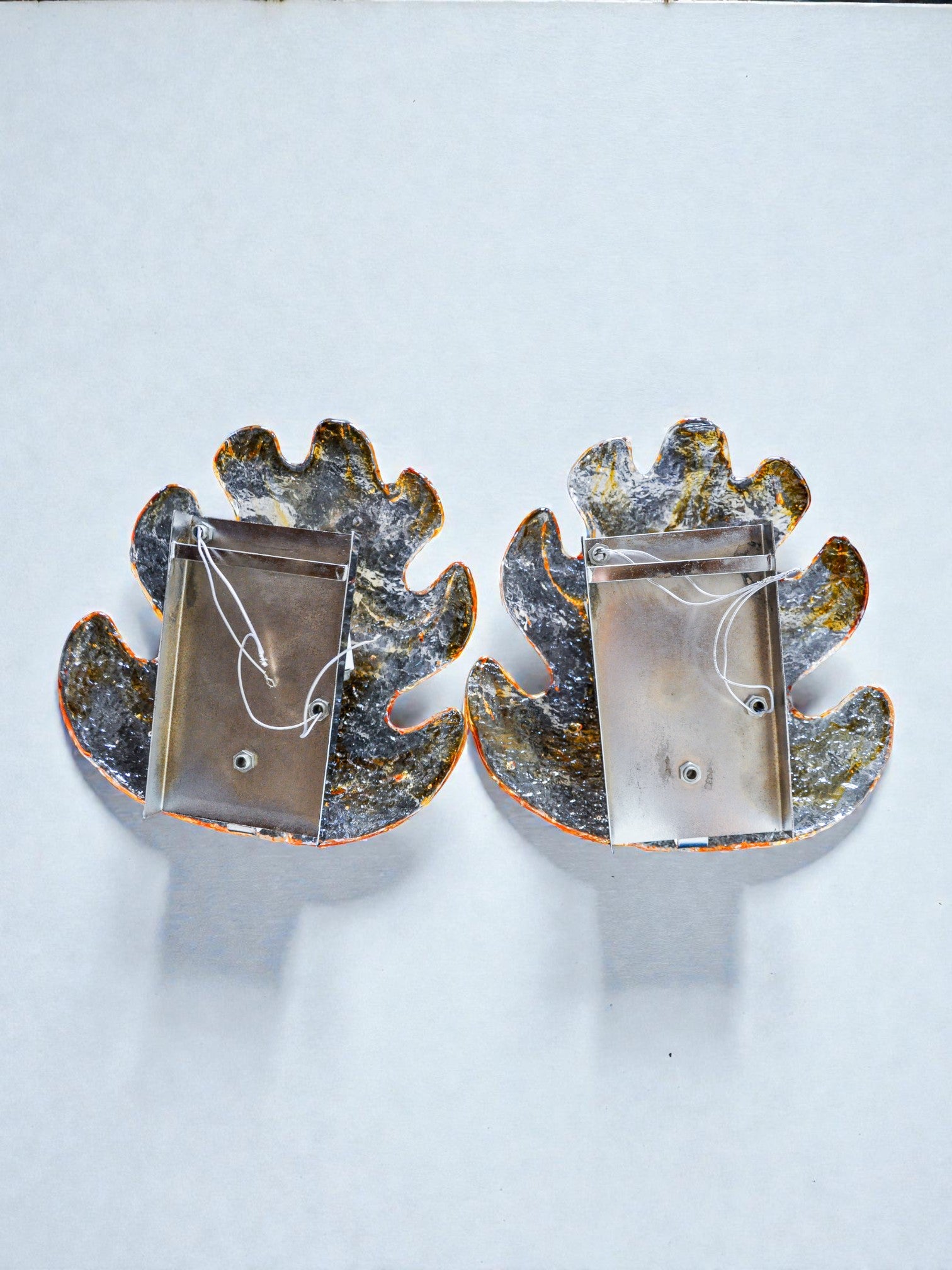 Pair of xl "leaf" wall lights by Murano Mazzega in orange frosted glass Italy 1970
