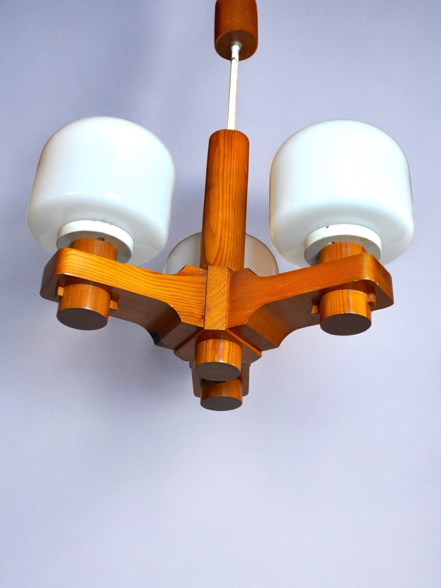Nordic chandelier in wood and opaline Denmark 1970
