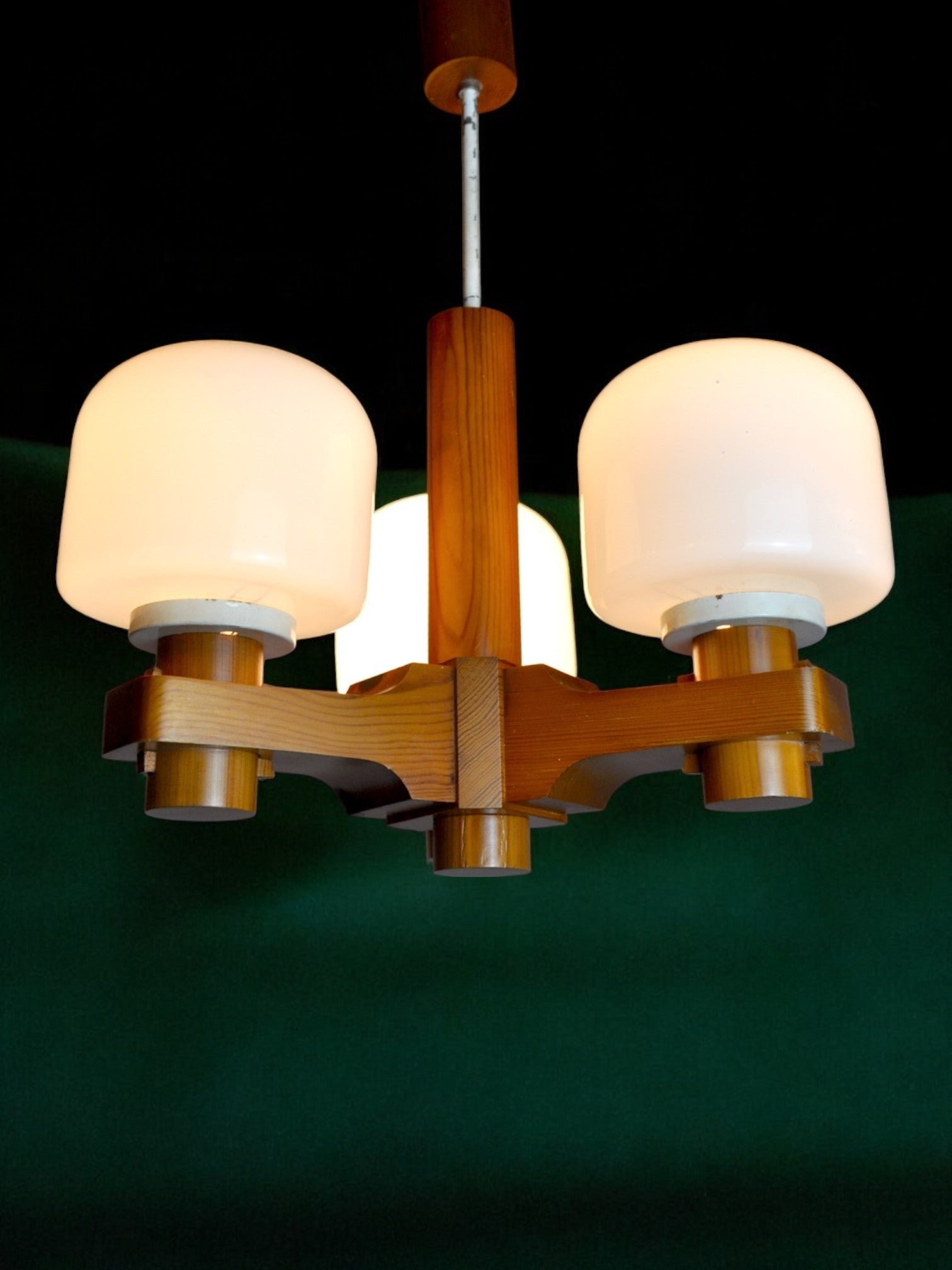 Nordic chandelier in wood and opaline Denmark 1970