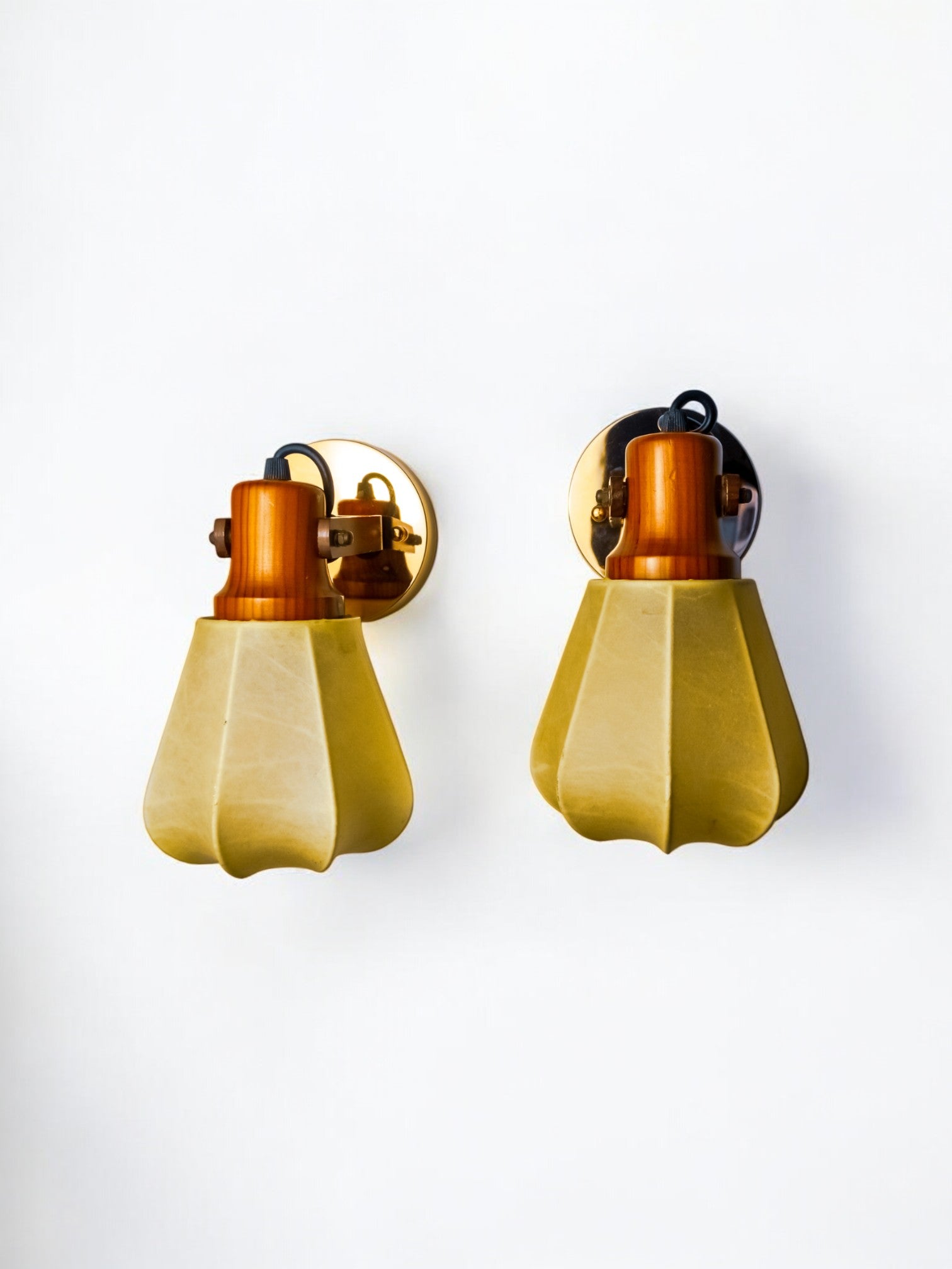 Pair of articulated "Cocoon" wall lights in resin and pine, Italy, 1970