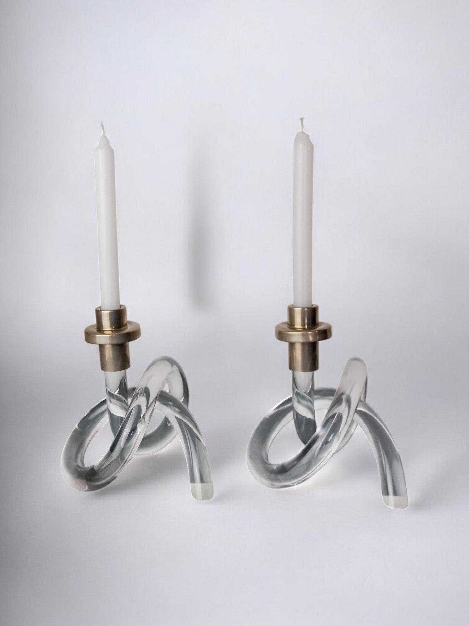 Pair of pretzel candlesticks by Dorothy Thorpe, Lucite and Gilt brass, 1970's