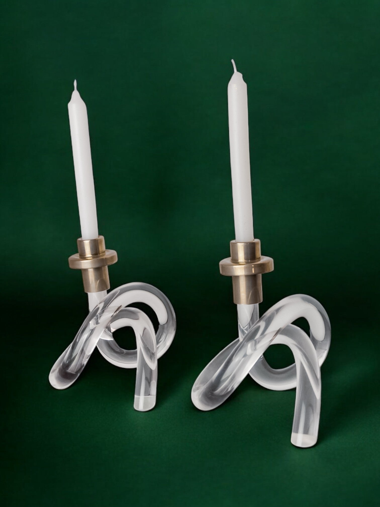 Pair of pretzel candlesticks by Dorothy Thorpe, Lucite and Gilt brass, 1970's