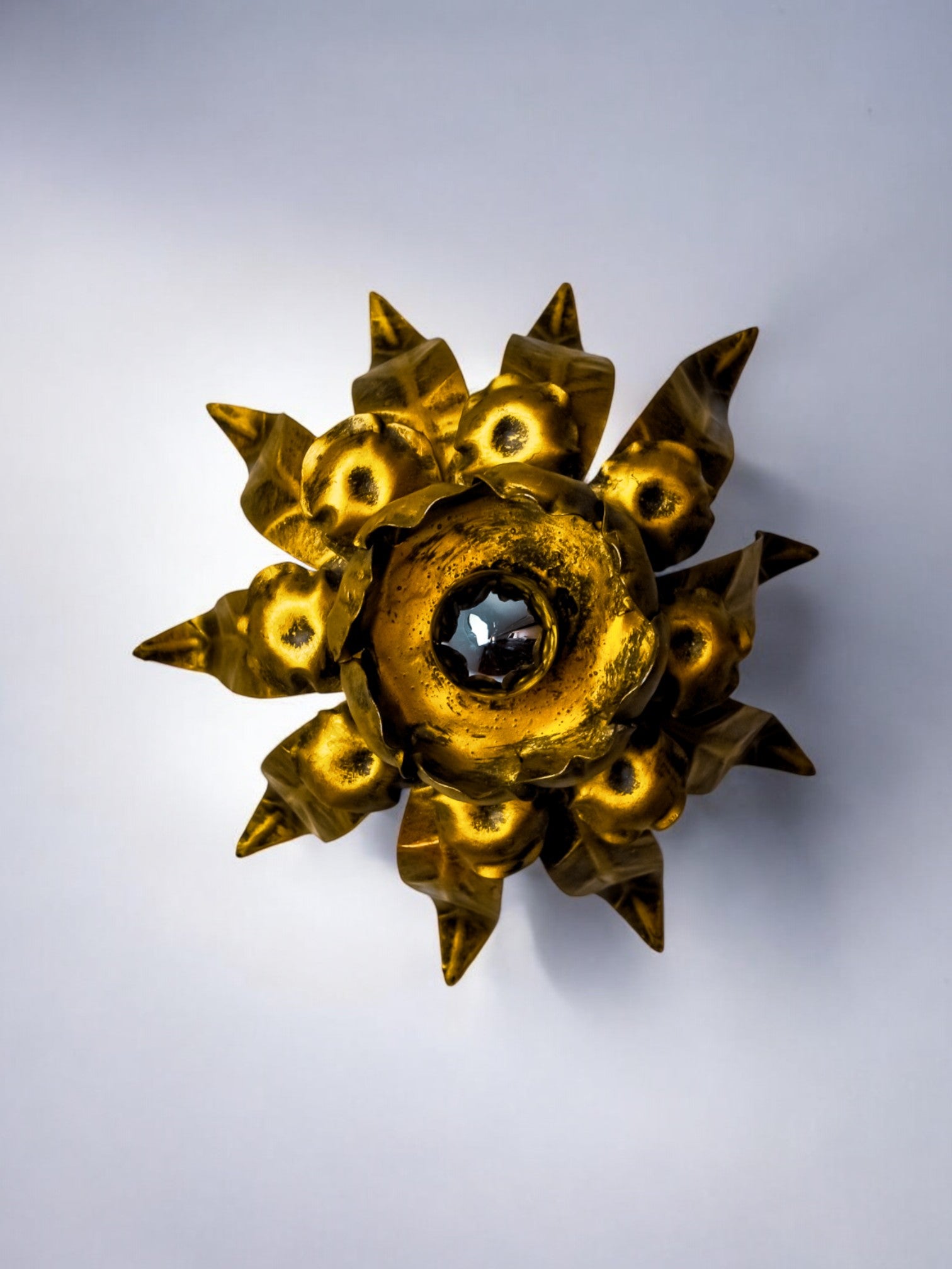 Ferro Art Spanish Sunburst Ceiling Light, Gilt Wrought Iron, 1960s